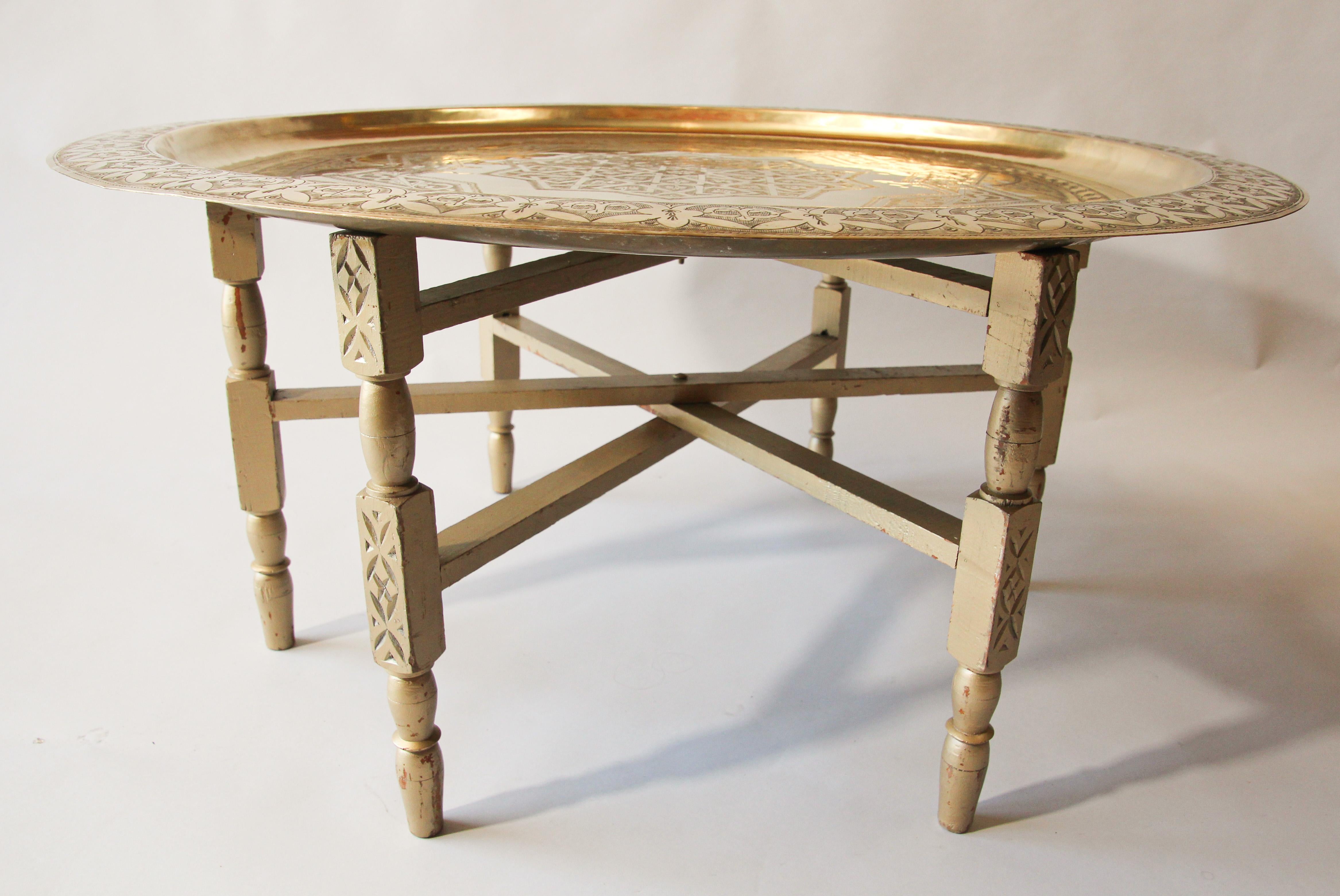 Hammered Moroccan Large Polished Brass Tray Table on Folding Stand 40 in.Diameter