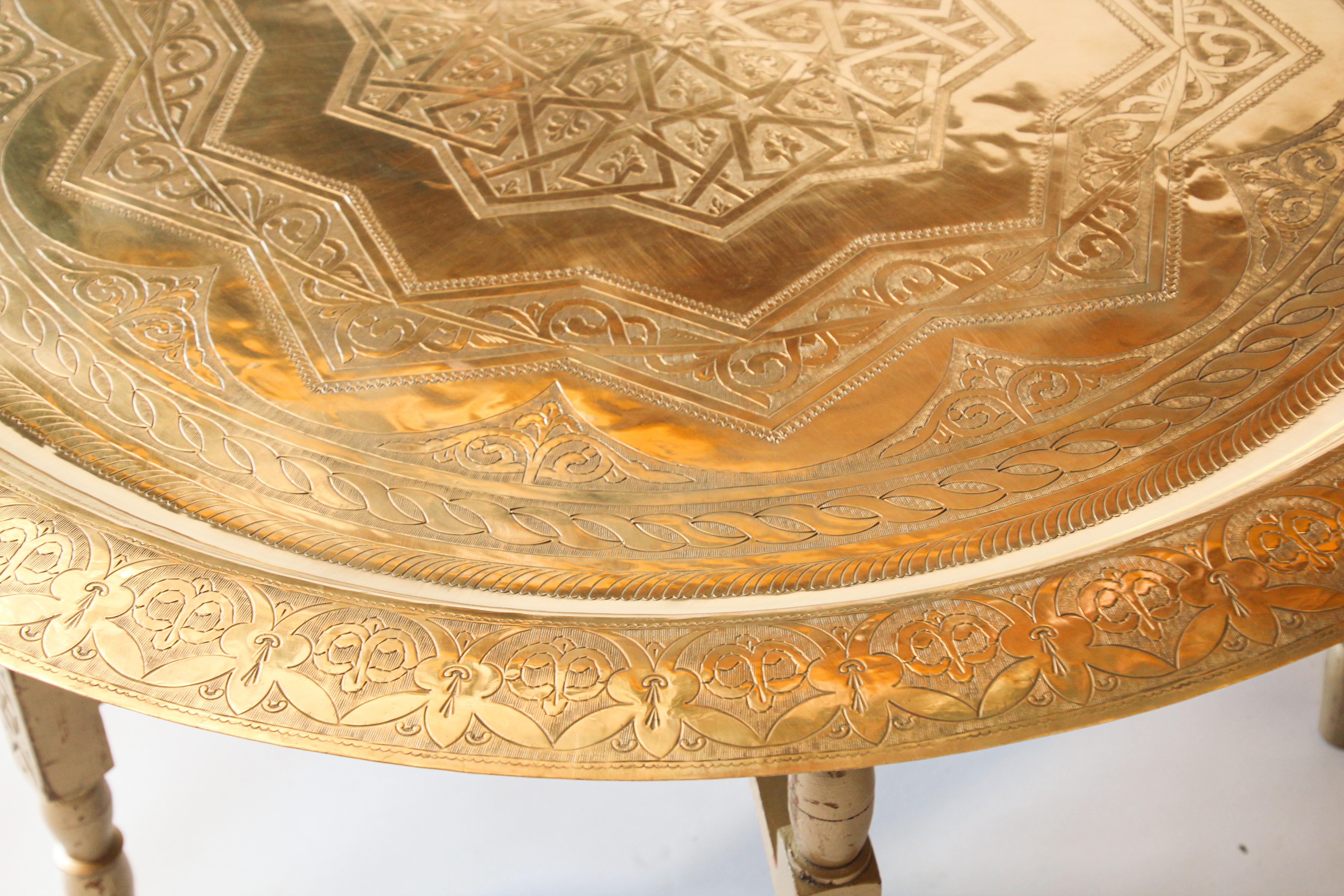 20th Century Moroccan Large Polished Brass Tray Table on Folding Stand 40 in.Diameter