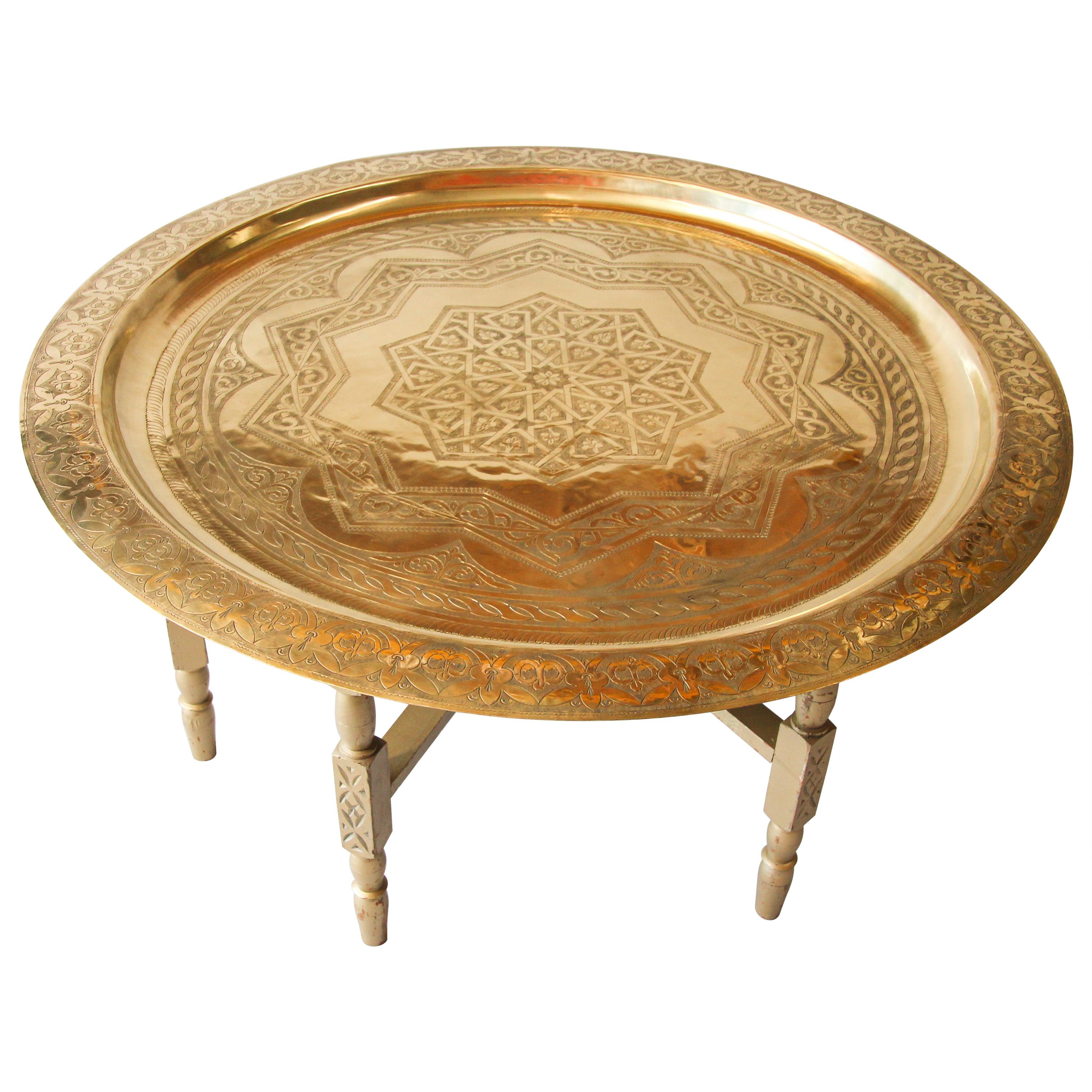 Moroccan Large Brass Tray Table on Folding Stand