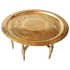 Moroccan Large Polished Brass Tray Table on Folding Stand 40 in.Diameter