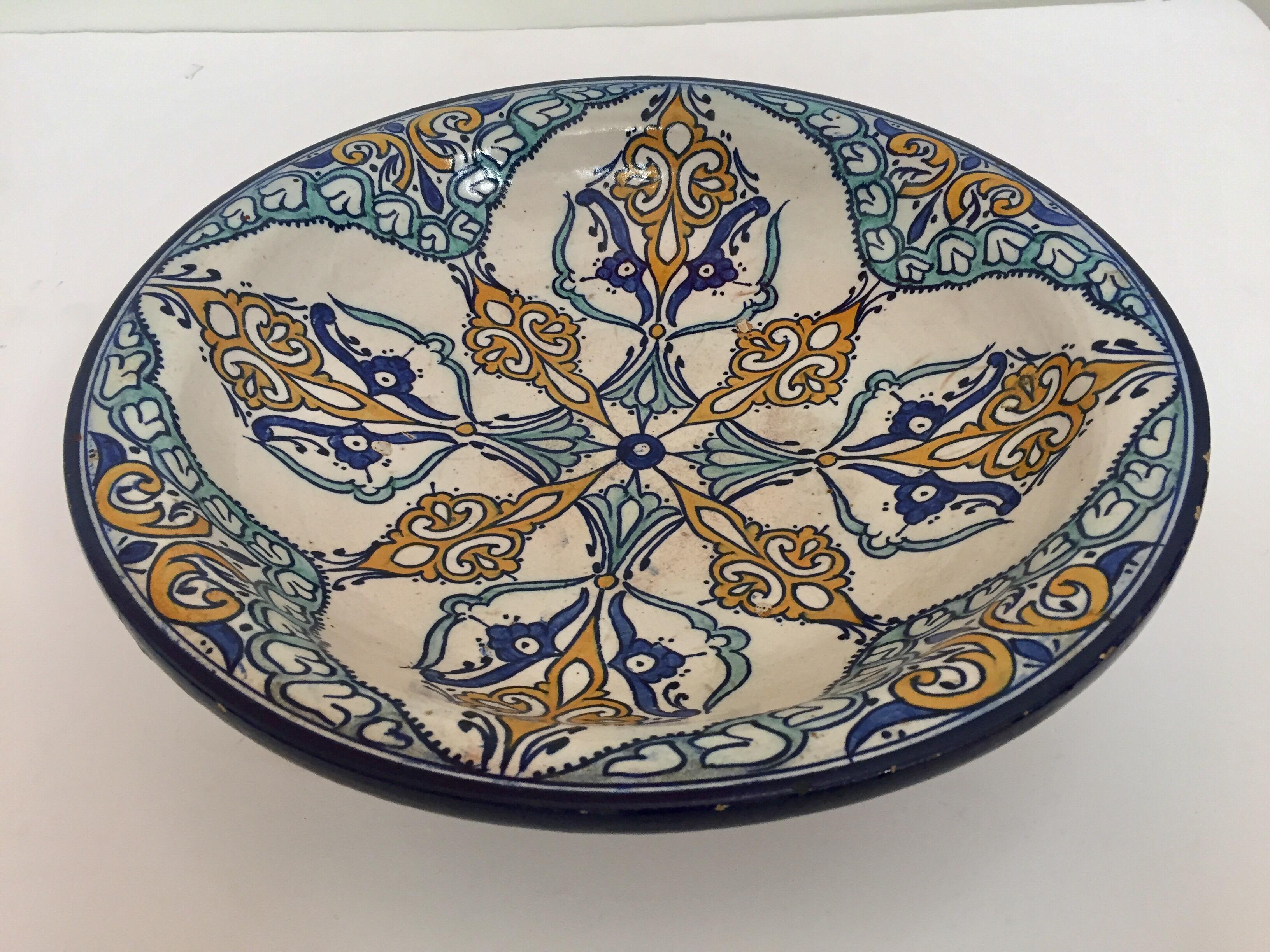 Moroccan Large Ceramic Plate Bowl from Fez In Good Condition In North Hollywood, CA