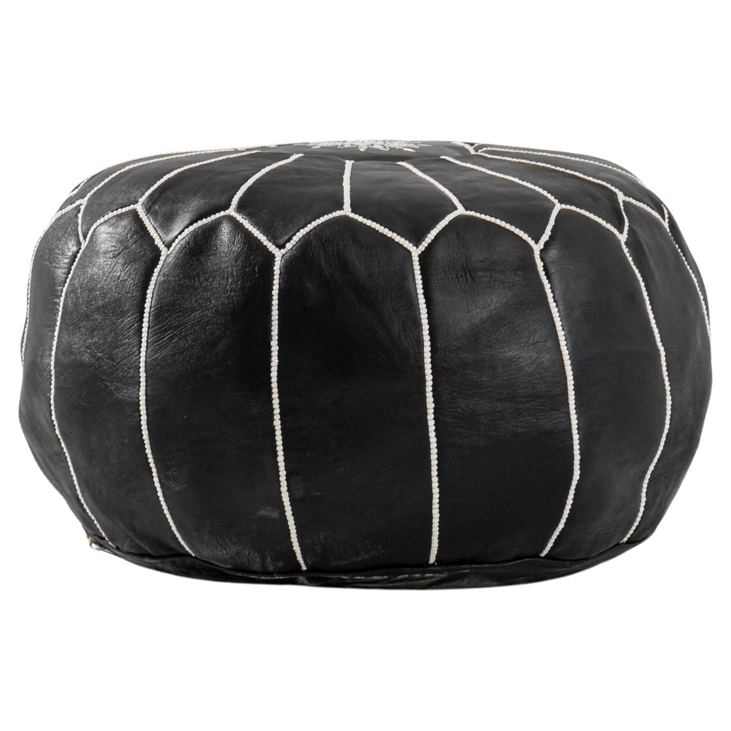 Moroccan Large Leather Jumia Pouf - Black/White For Sale at 1stDibs