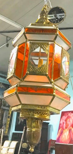Moroccan Lg. Orange, White, Glass Brass Lantern Light Pendant-3 Light-Spectacular