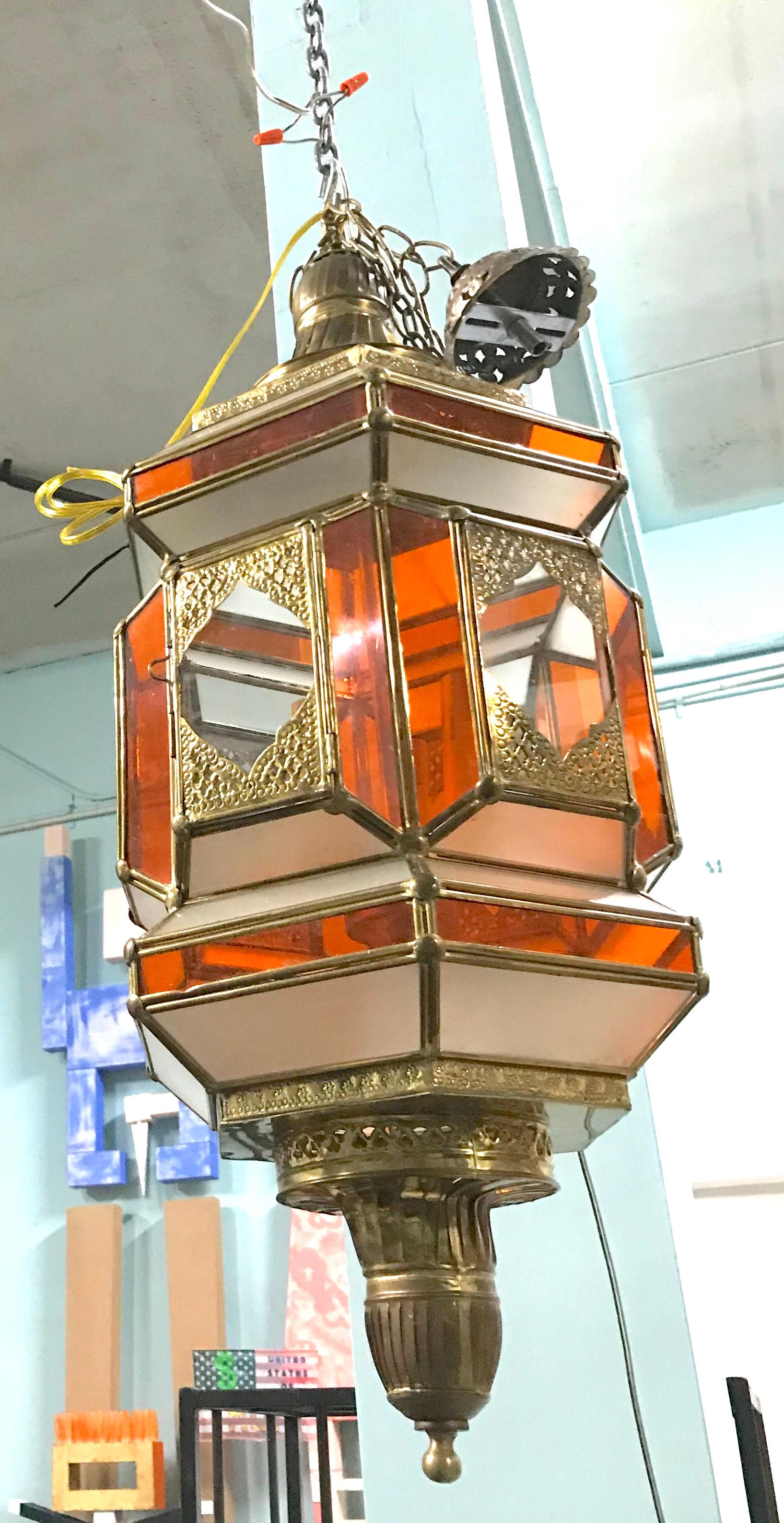 Moorish Moroccan Lg. Orange, White, Glass Brass Lantern Light Pendant-3 Light-Spectacular For Sale