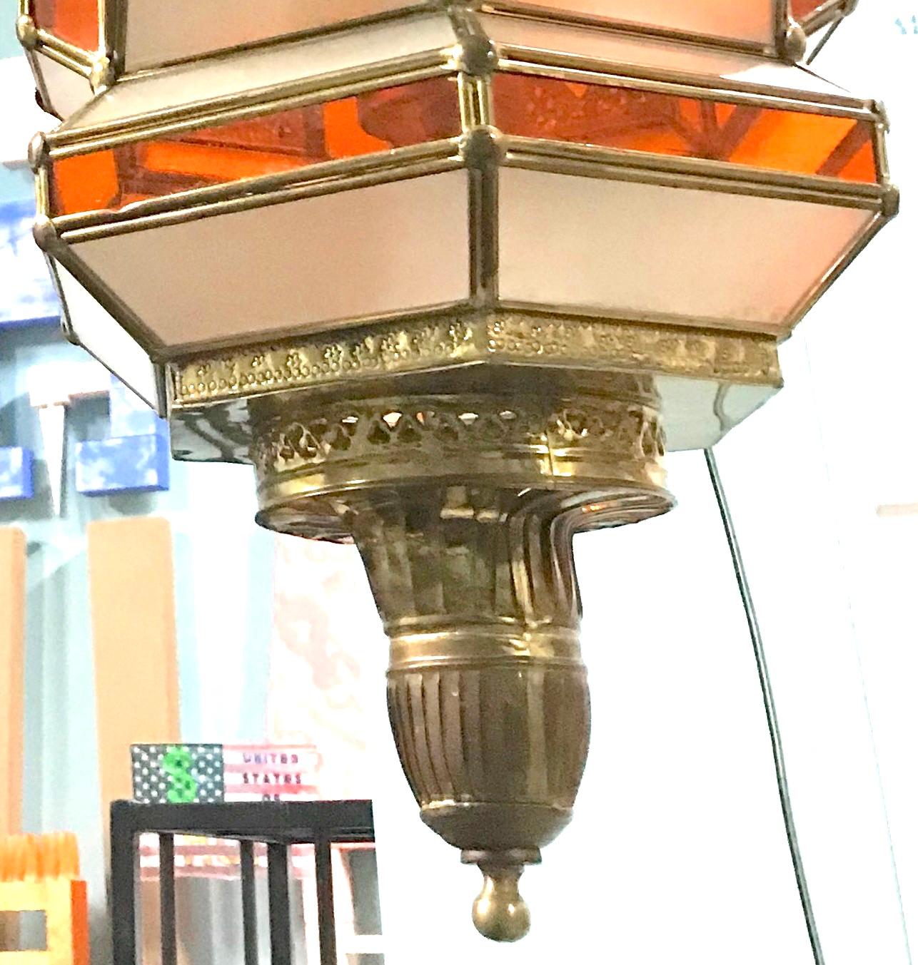 Hand-Crafted Moroccan Lg. Orange, White, Glass Brass Lantern Light Pendant-3 Light-Spectacular For Sale