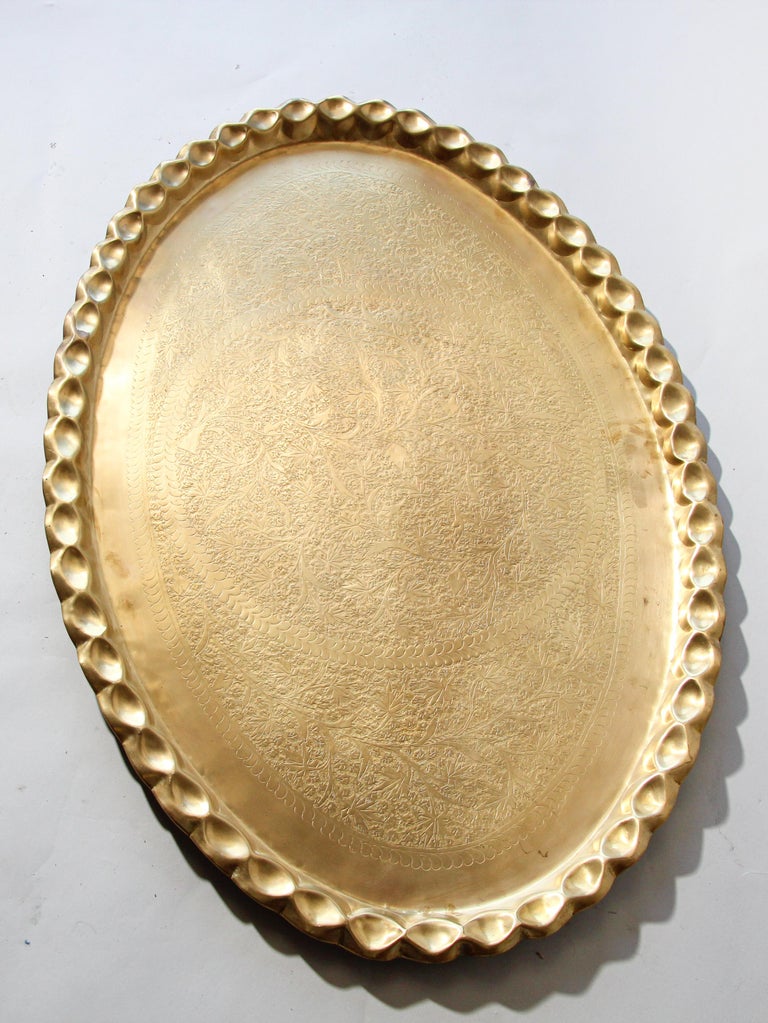 Moroccan Large Oval Brass Tray For Sale at 1stDibs