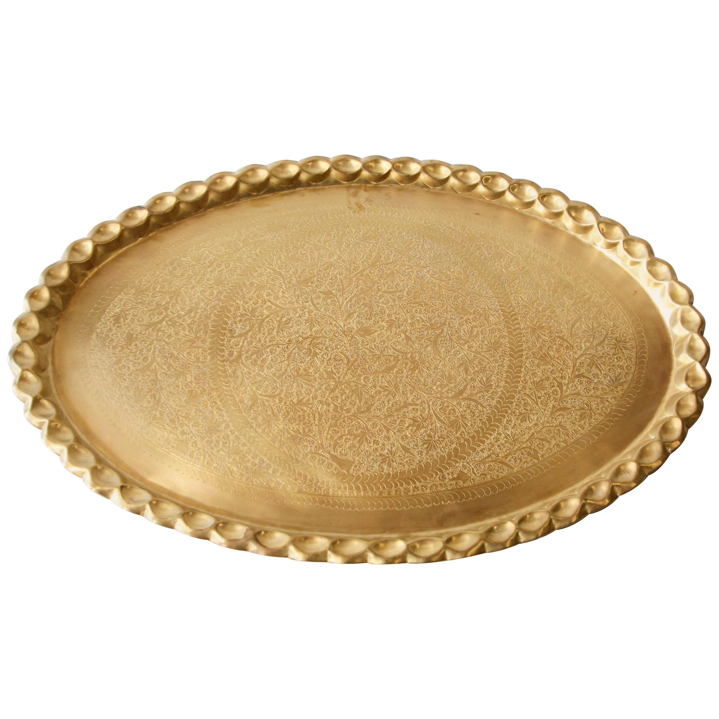 Midcentury Moroccan Large Oval Brass Tray For Sale at 1stDibs