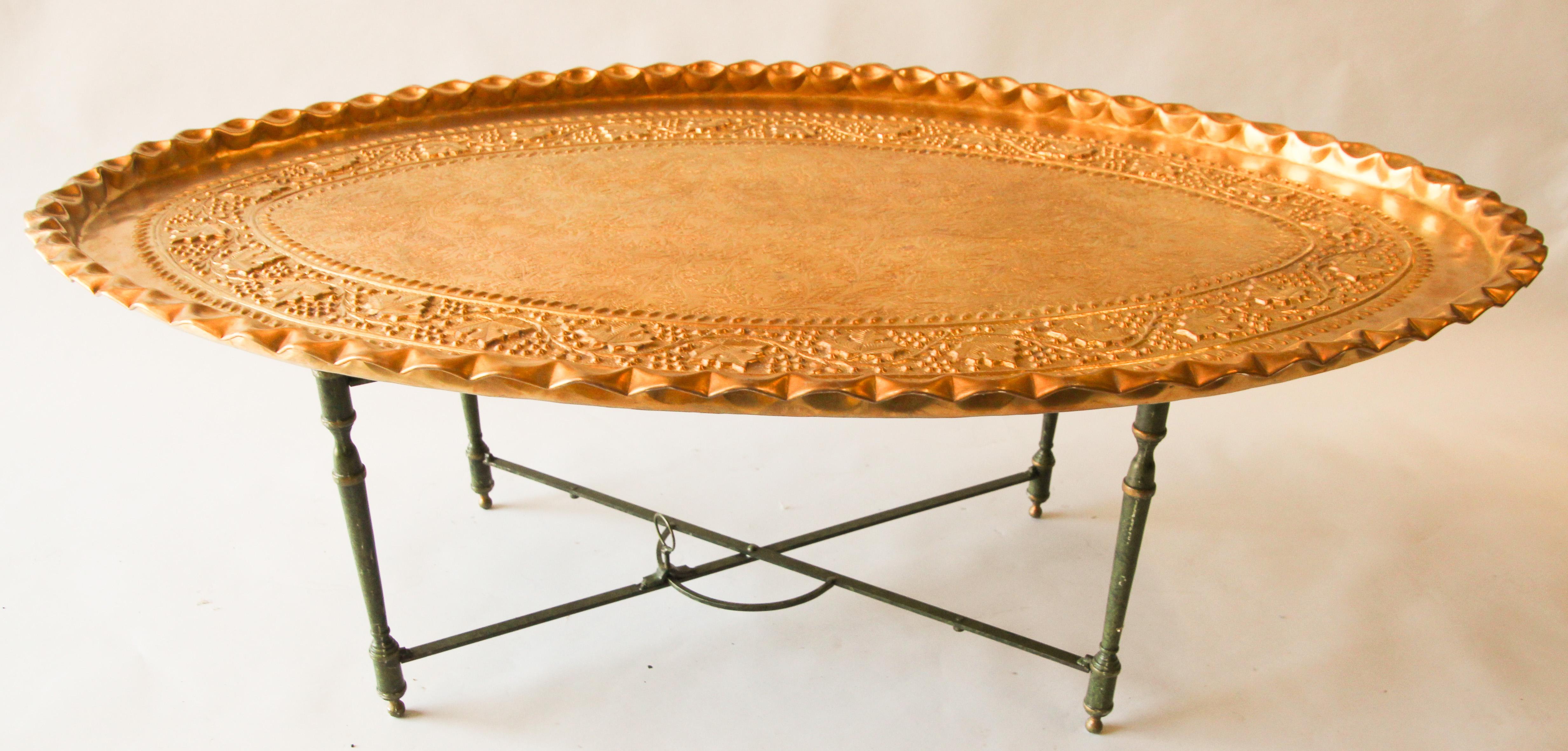 Bohemian Moroccan Large Oval Brass Tray Table