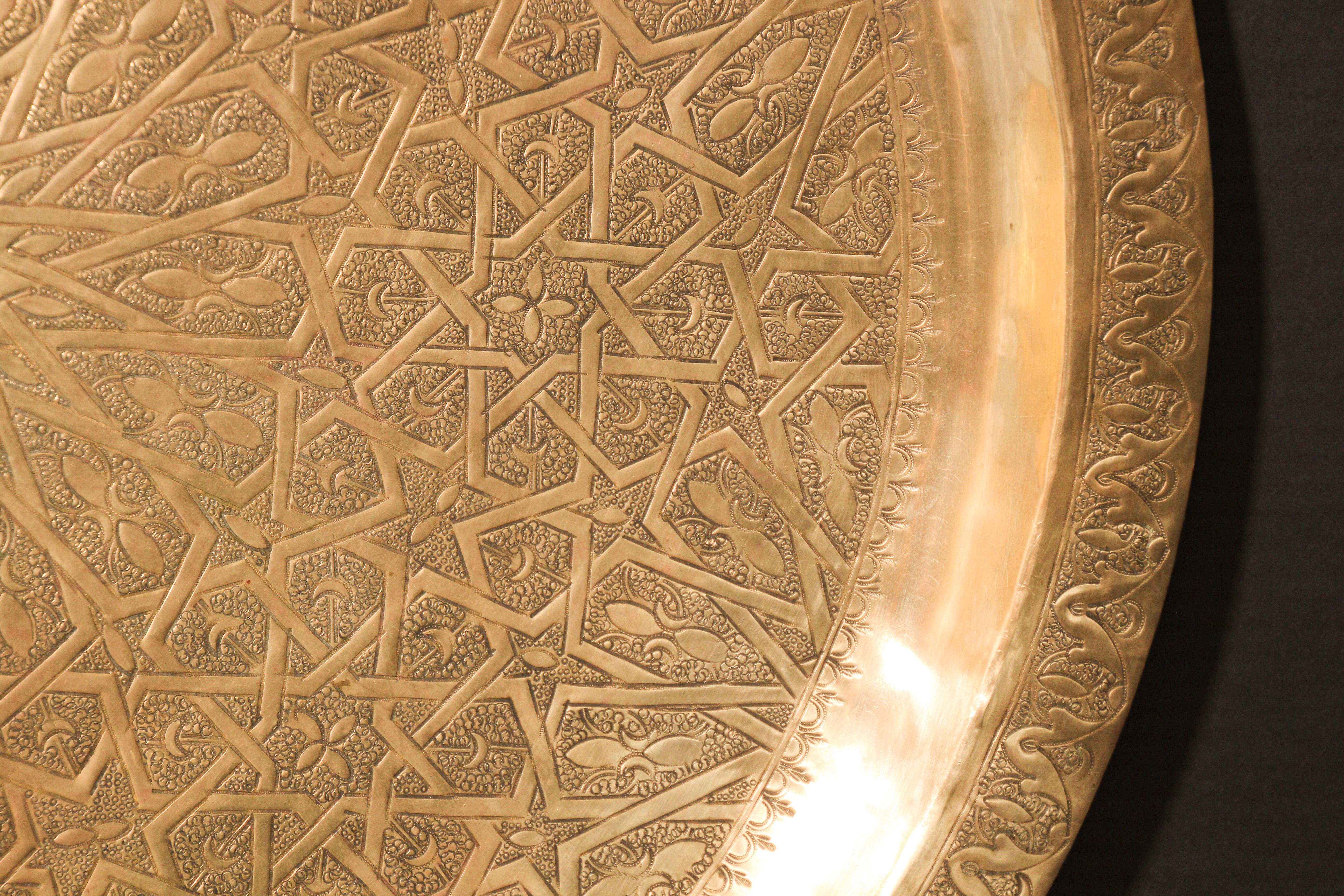 Moroccan Large Polished Brass Tray Platter 3