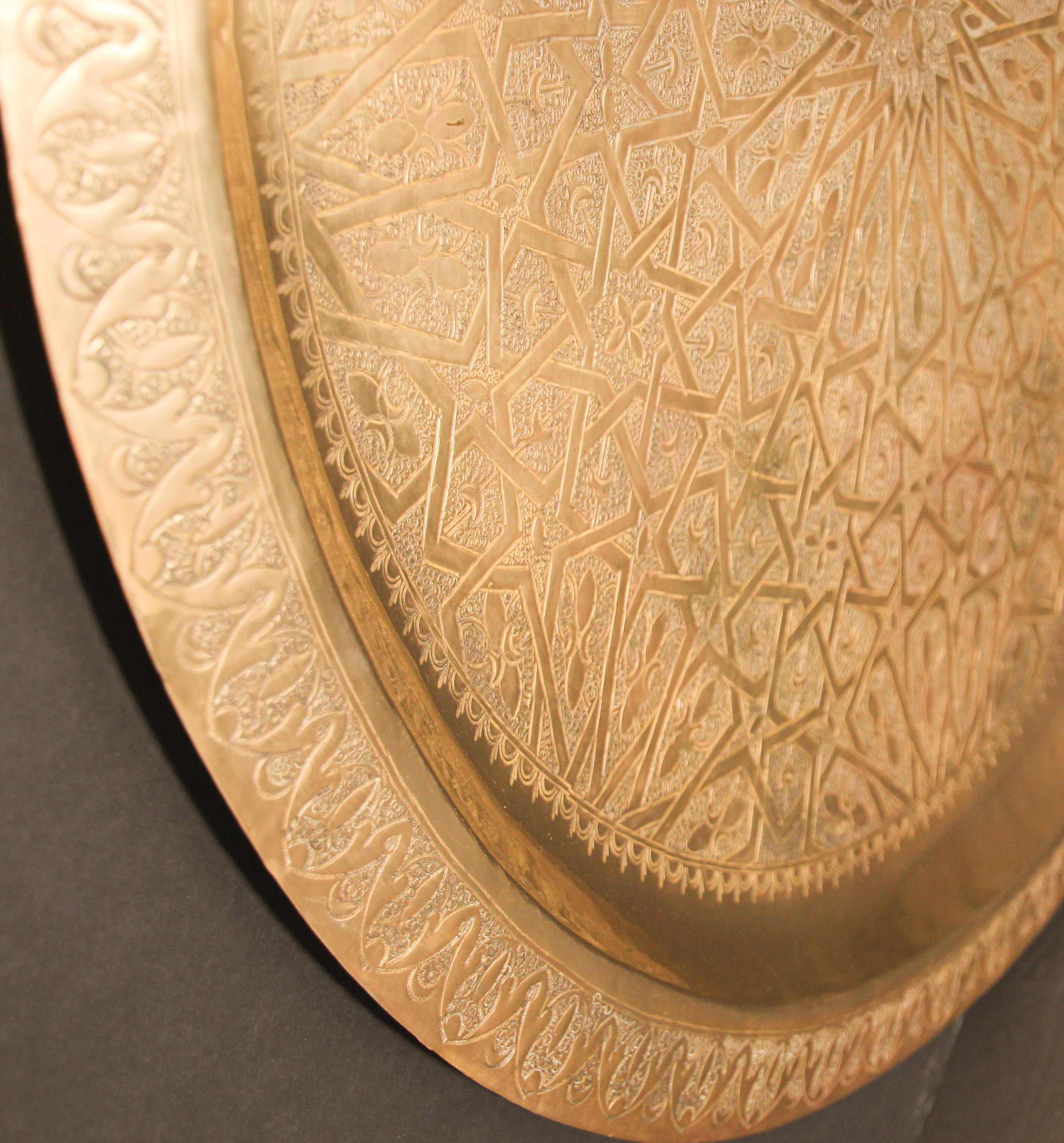 Moroccan Large Polished Brass Tray Platter 4