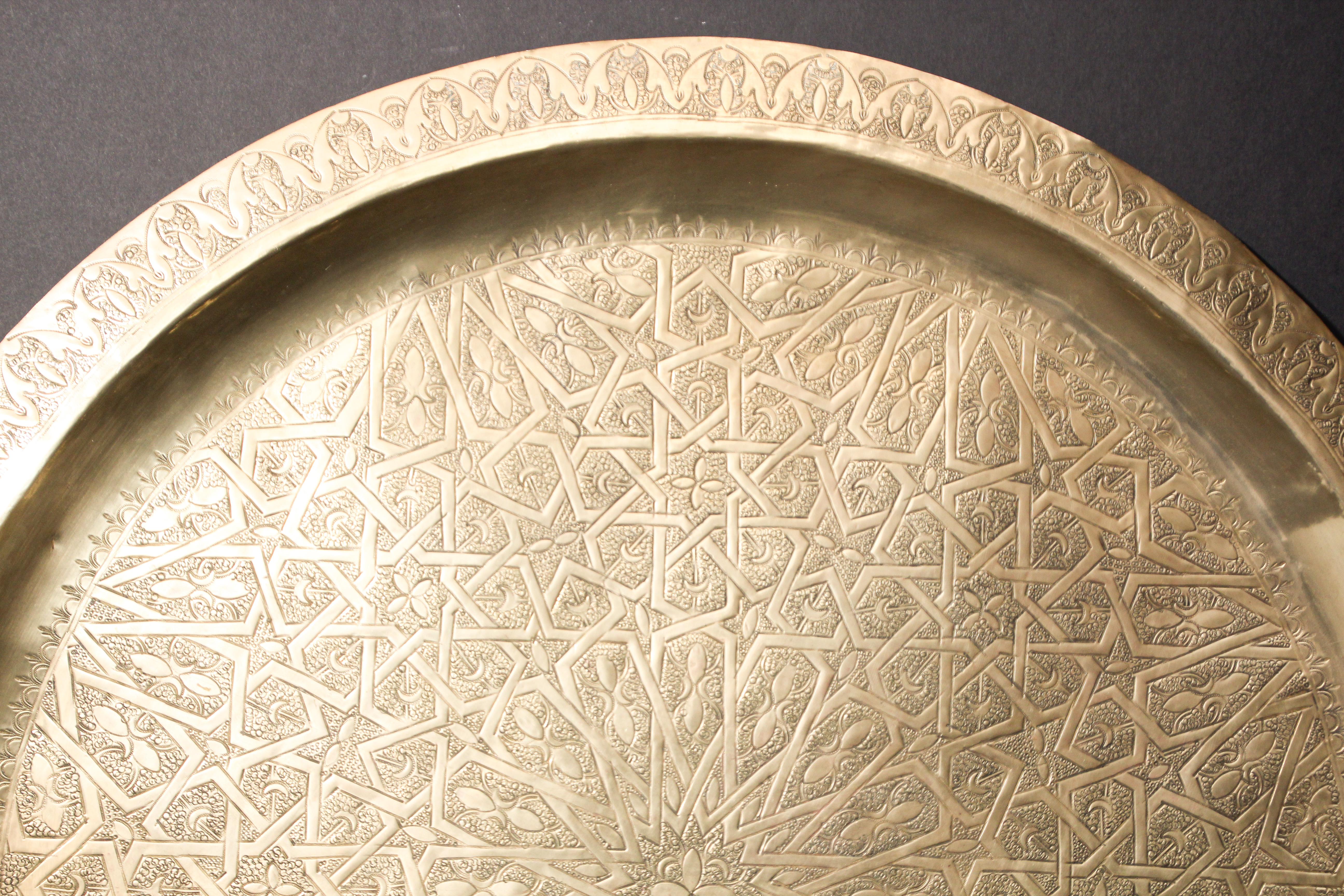 Hand-Carved Moroccan Large Polished Brass Tray Platter