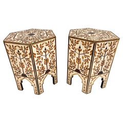 Moroccan Leaf Design Resin and Walnut Hexagonal Side or End Table a Pair