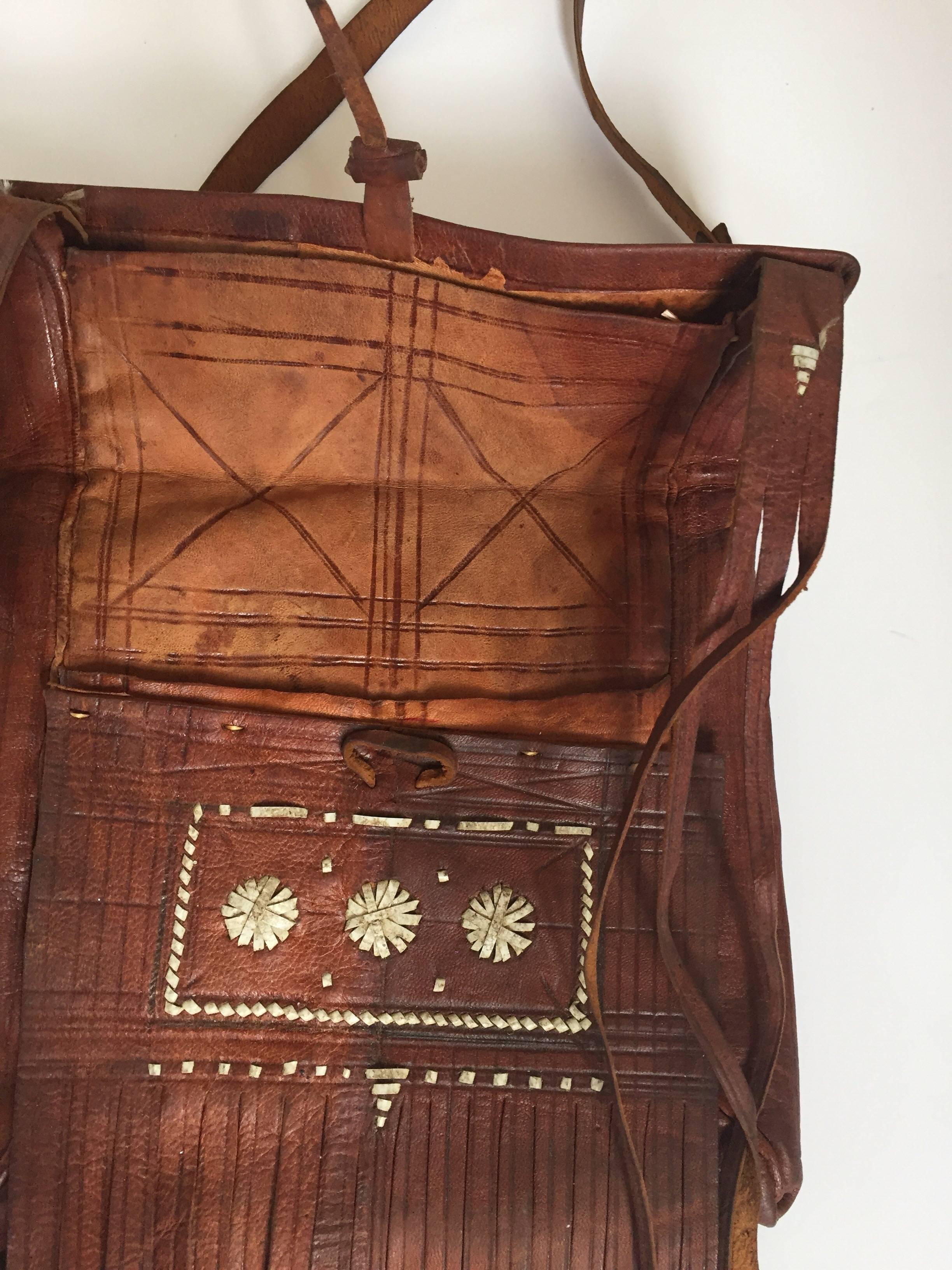 Black Moroccan Leather African Tuareg Crossbody Bag with Fringes 1970 For Sale