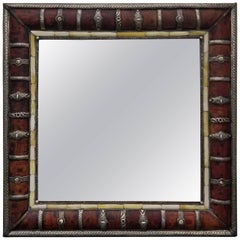 Moroccan Leather and Metal Inlaid Mirror, Square