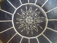 Moroccan Leather Pouf or Ottoman, Navy Blue