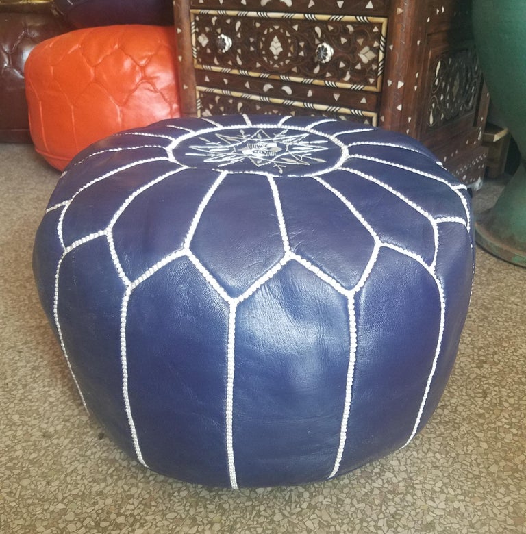 Moroccan Leather Pouf or Ottoman, Navy Blue For Sale at 1stDibs navy
