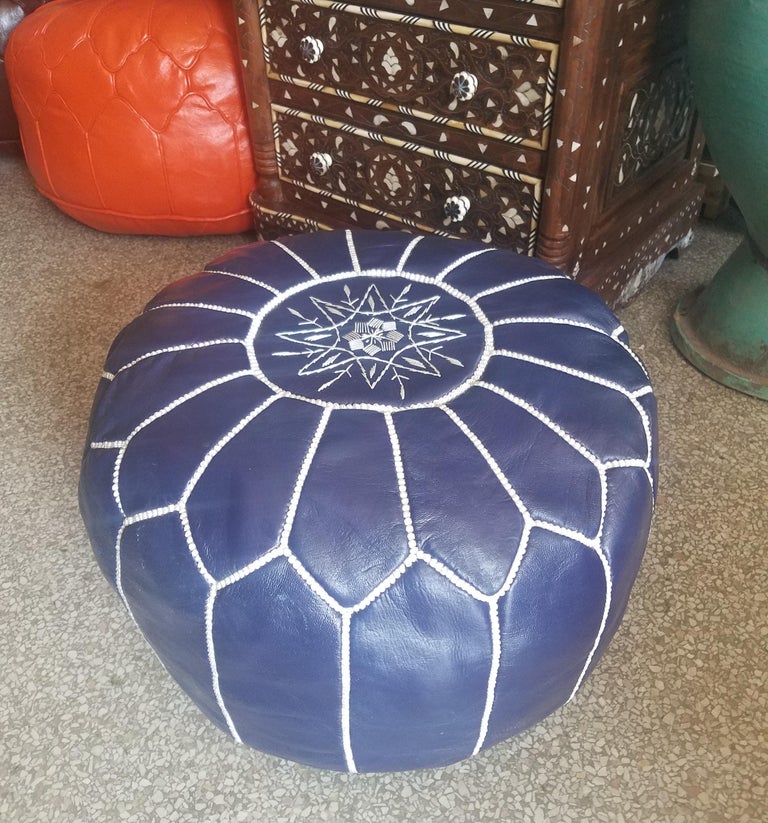 Moroccan Leather Pouf or Ottoman, Navy Blue For Sale at 1stDibs navy