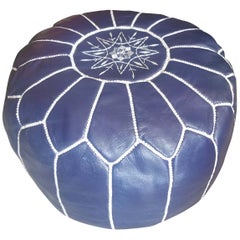 Moroccan Leather Pouf or Ottoman, Navy Blue