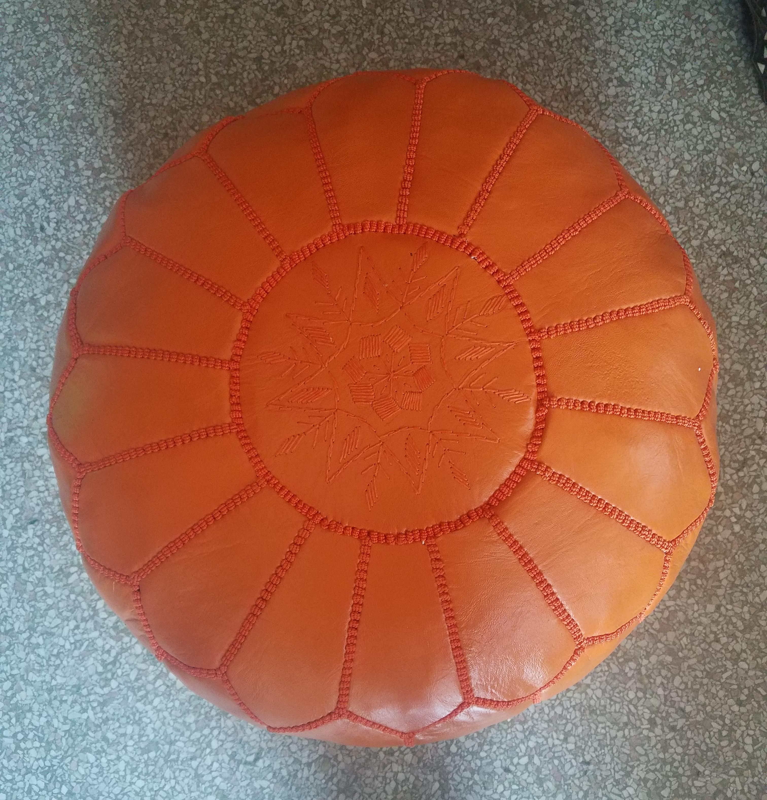 Moroccan Leather Pouf or Ottoman, Pale Orange In Excellent Condition For Sale In Orlando, FL