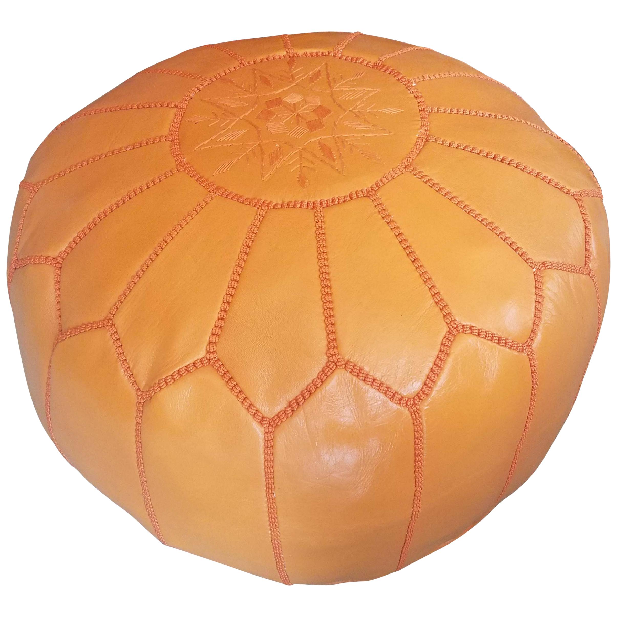 Moroccan Leather Pouf or Ottoman, Pale Orange For Sale