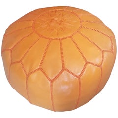 Moroccan Leather Pouf or Ottoman, Pale Orange
