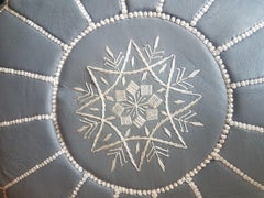 Moroccan Leather Pouf or Ottoman, Sky Gray