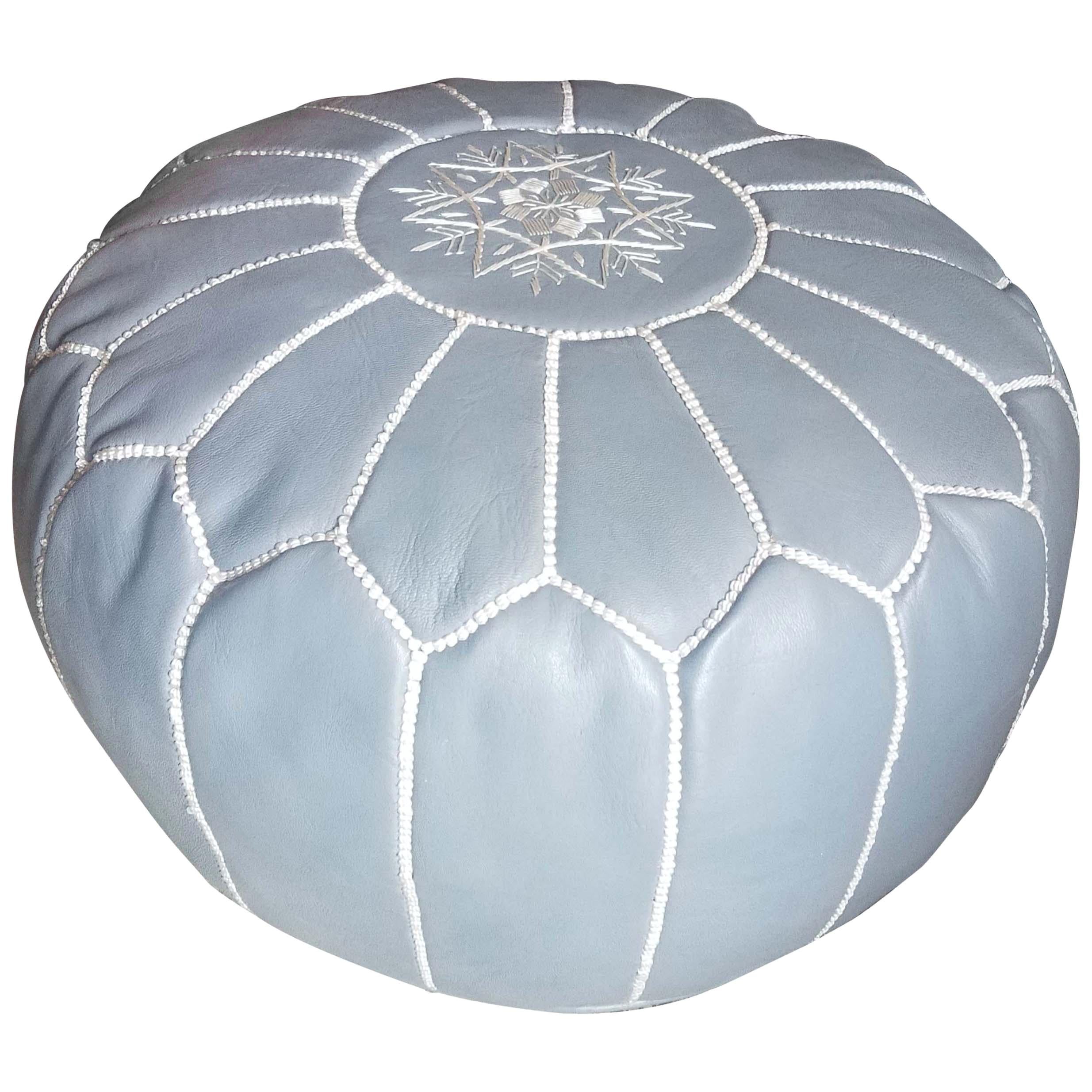 Moroccan Leather Pouf or Ottoman, Sky Gray For Sale