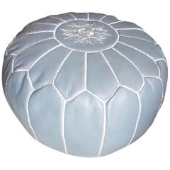 Moroccan Leather Pouf or Ottoman, Sky Gray