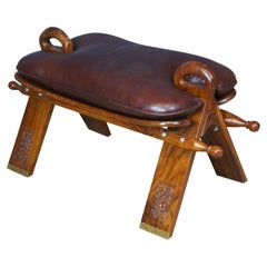 Moroccan Leather Rosewood Saddle Camel Stool Foot Rest Ottoman Pouf Bench Seat