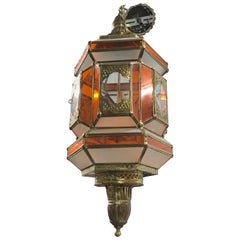 Moroccan Lg. Orange, White, Glass Brass Lantern Light Pendant-3 Light-Spectacular