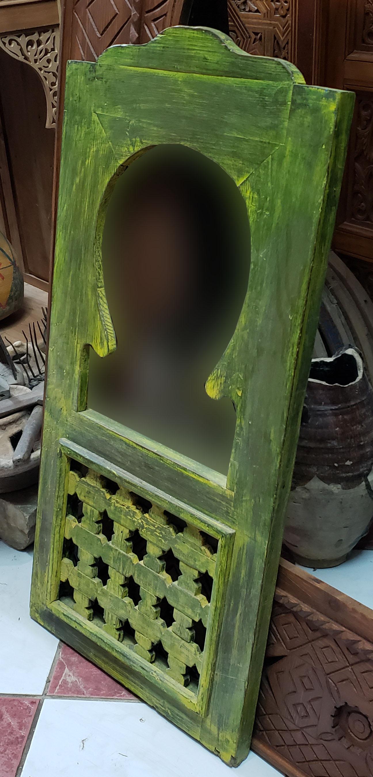 Hand-Carved Moroccan Lime Green Wash Repurposed Wooden Frame, Mirror Extra For Sale