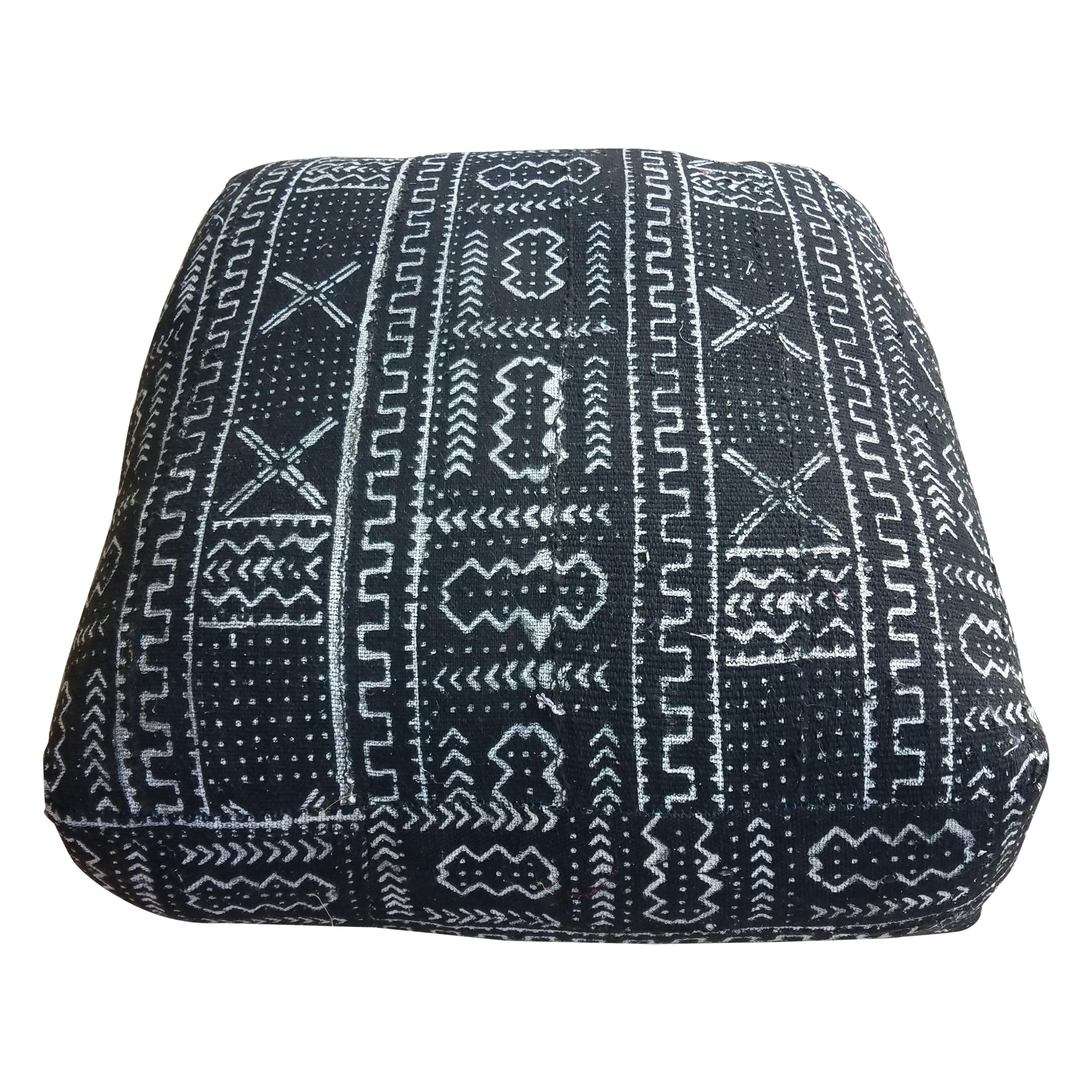 Moroccan Malian Mudcloth Pouf or Ottoman, Black For Sale