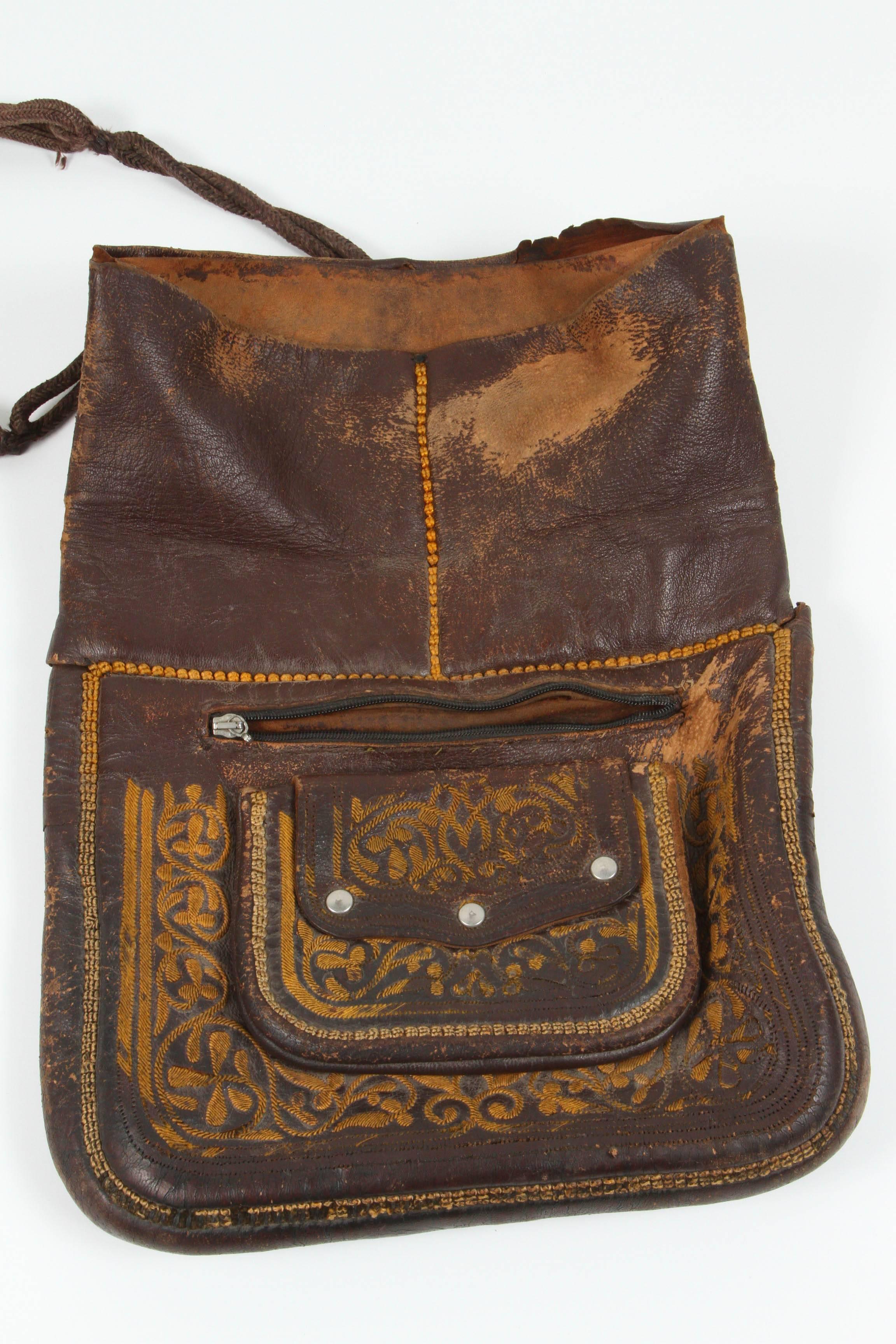 Moroccan Messenger Hand Tooled Leather Bag In Good Condition In North Hollywood, CA