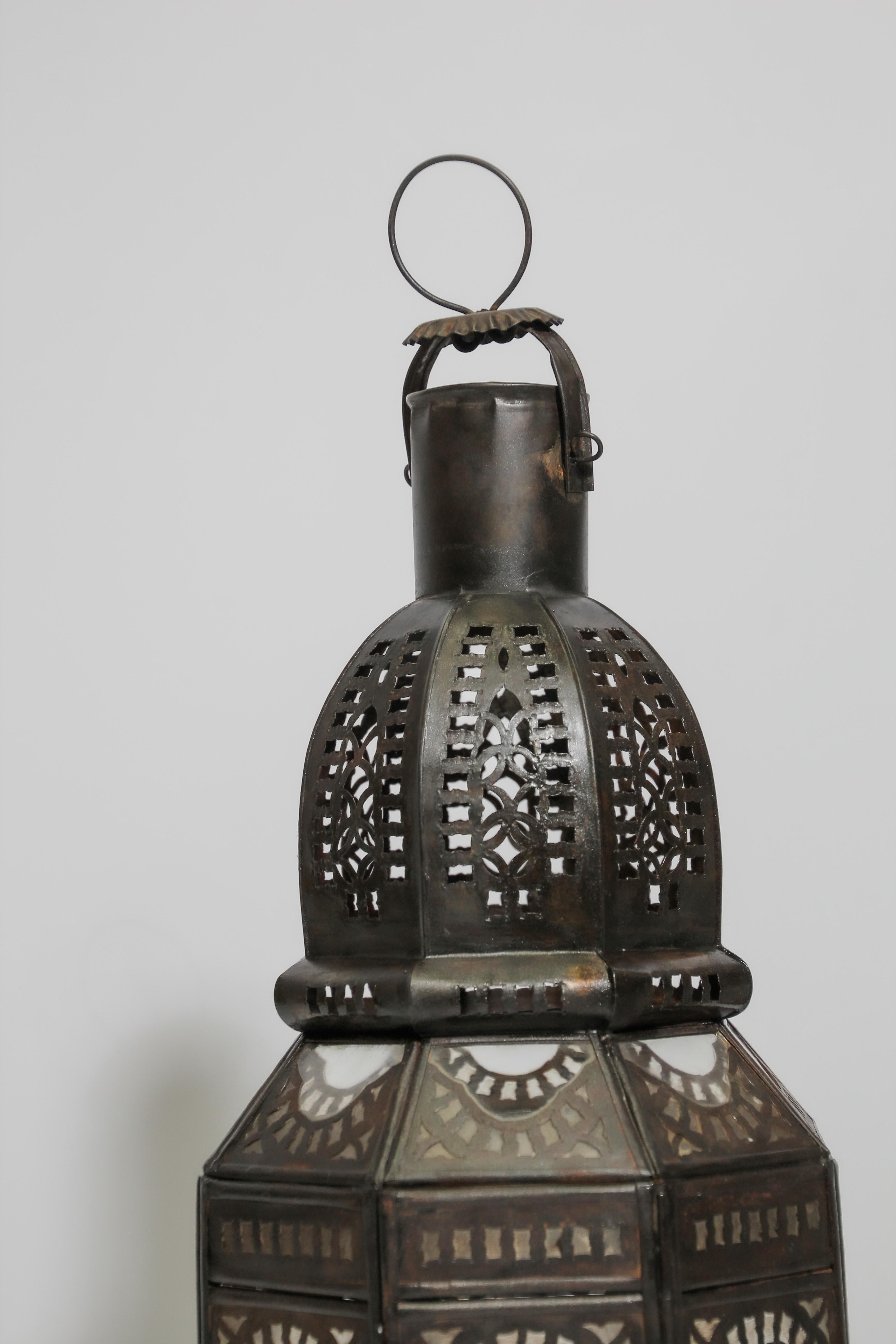 Moorish Moroccan Metal and Clear Glass Candle Lantern For Sale