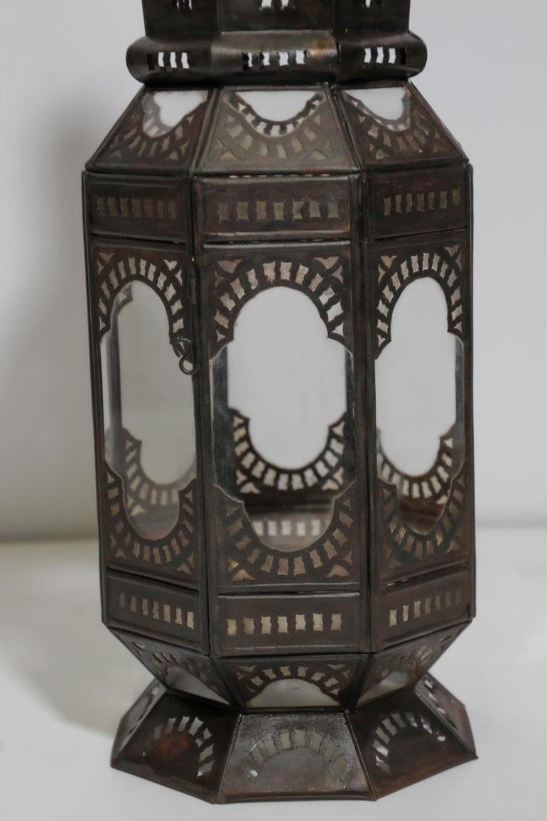 Moorish Moroccan Metal and Clear Glass Candle Lantern For Sale