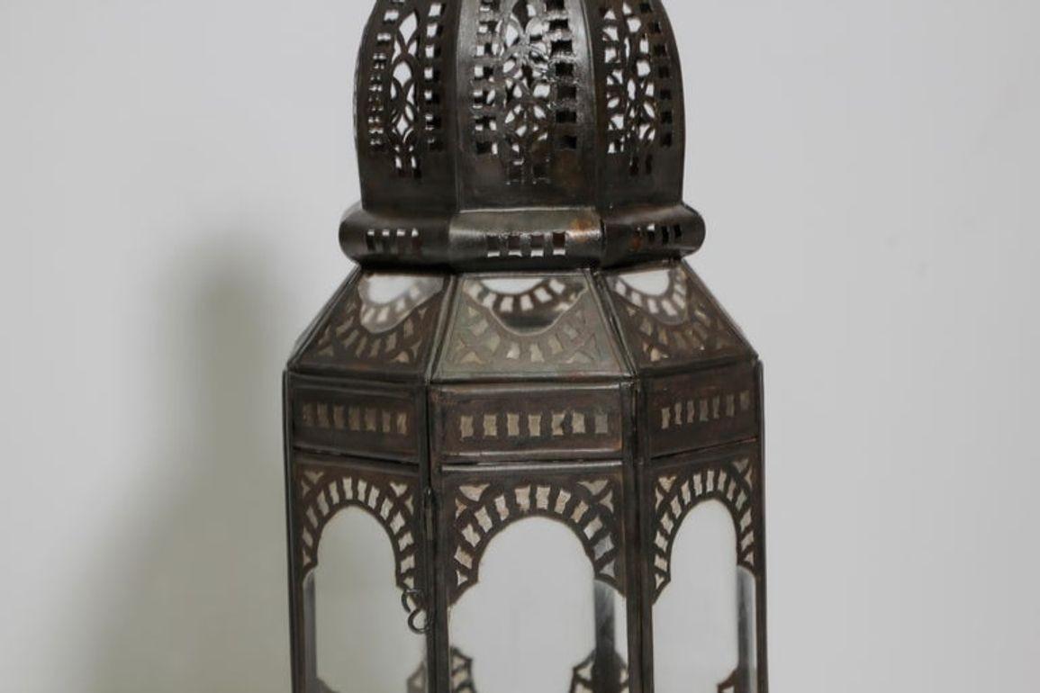 Hand-Crafted Moroccan Metal and Clear Glass Candle Lantern For Sale