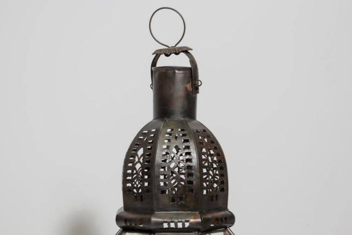 Moroccan Metal and Clear Glass Candle Lantern In Good Condition For Sale In North Hollywood, CA