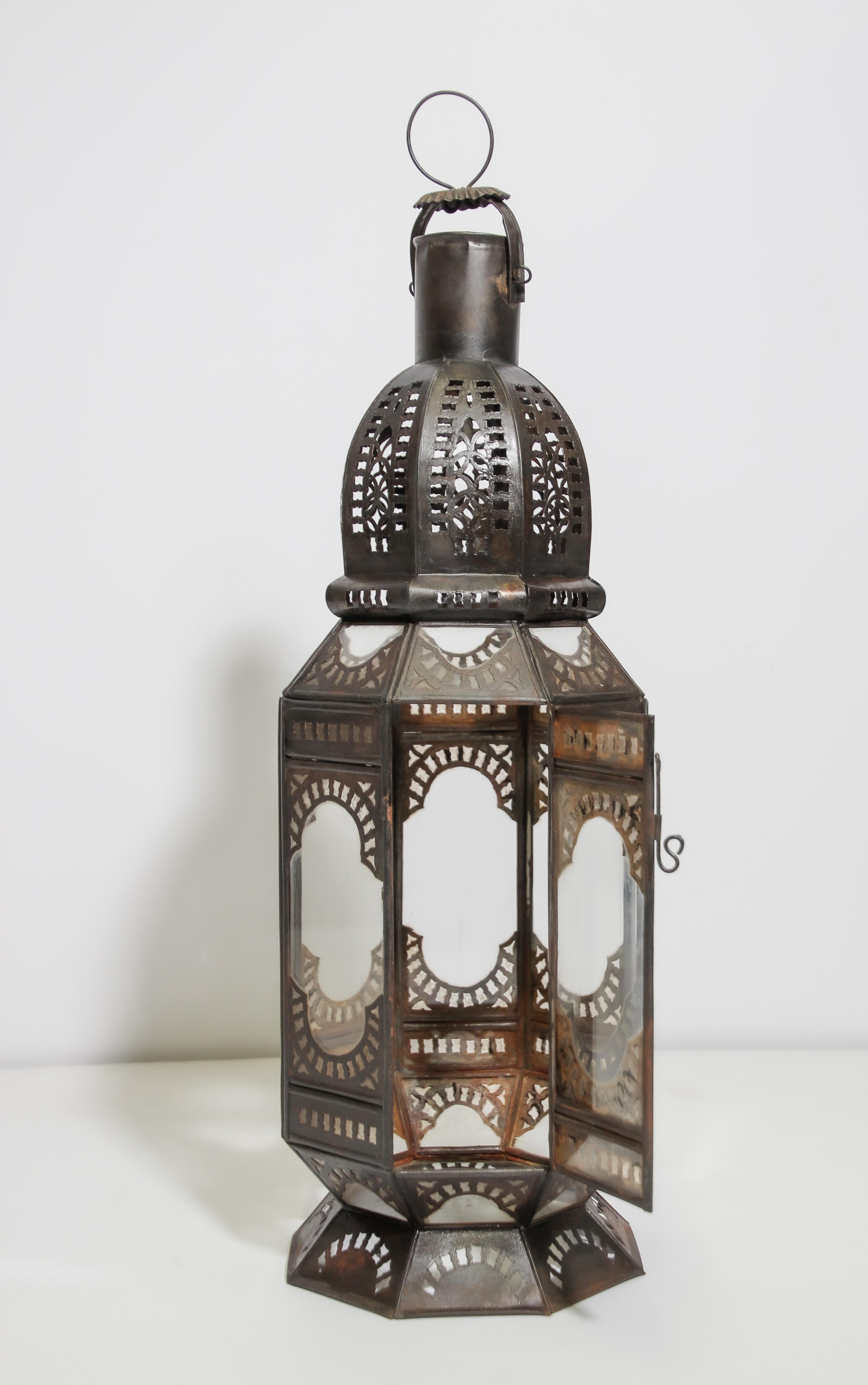 Late 20th Century Moroccan Metal and Clear Glass Candle Lantern For Sale