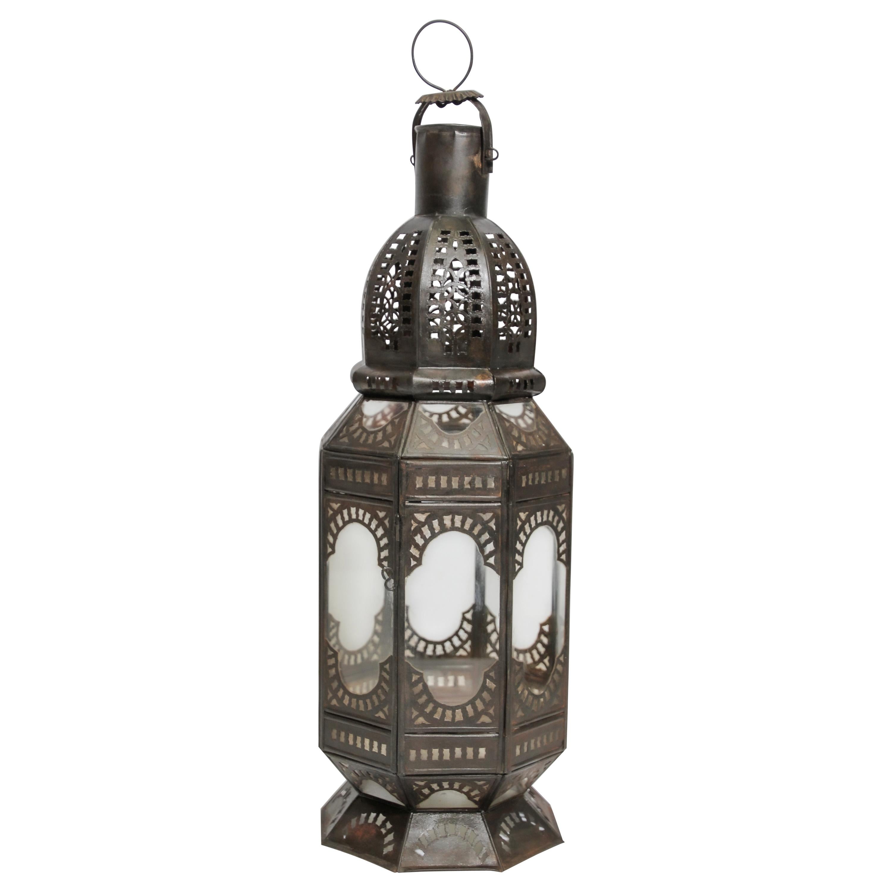 Moroccan Clear Glass Metal Candle Lantern Medieval Outdoor Sculpture 14118 