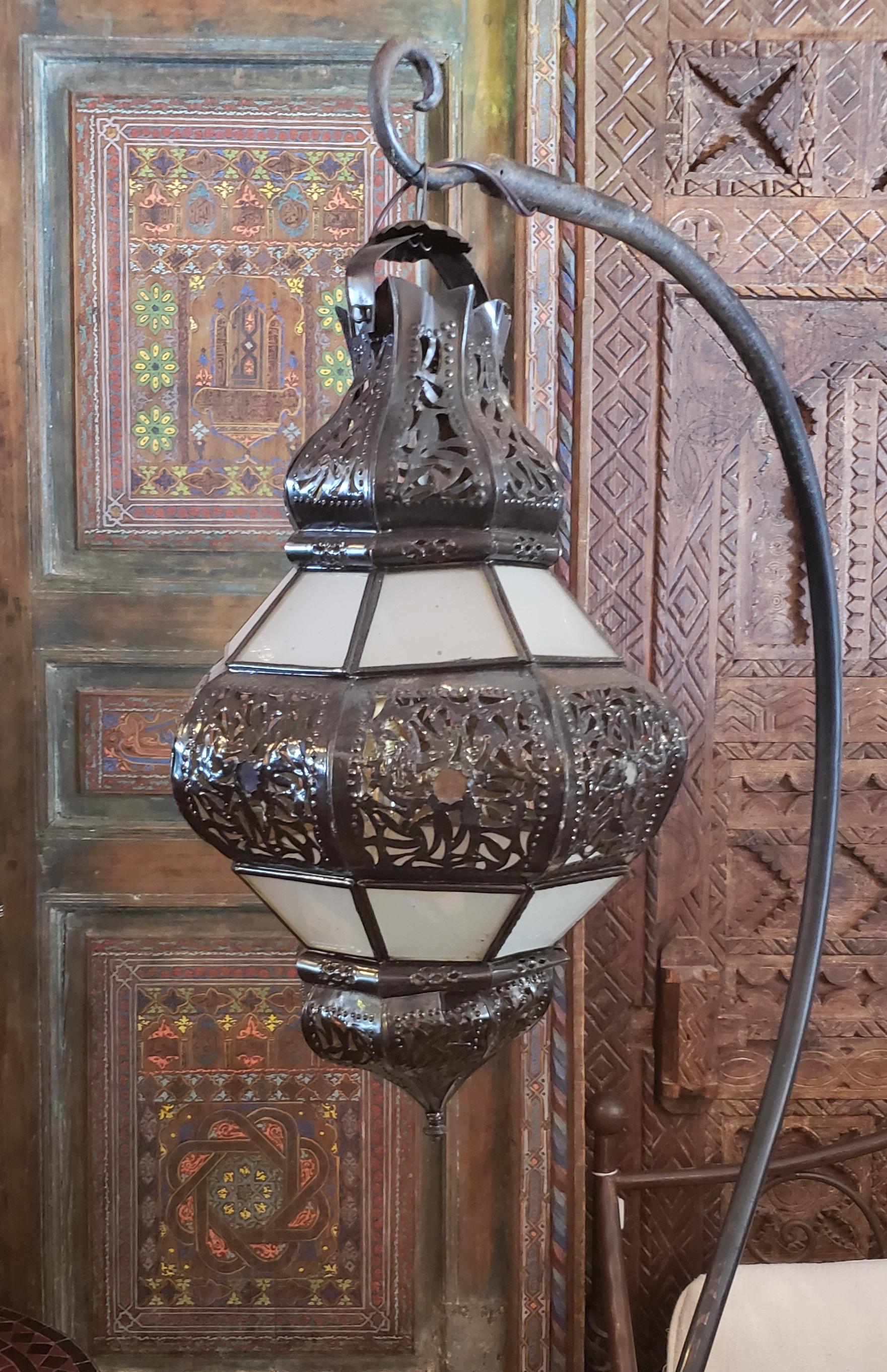 Contemporary Moroccan Metal and Glass Lantern, Bok Style, Frosty White Glass For Sale