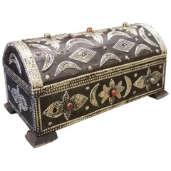 Vintage Moroccan Metal Inlaid and Resin Trunk, Flat Top