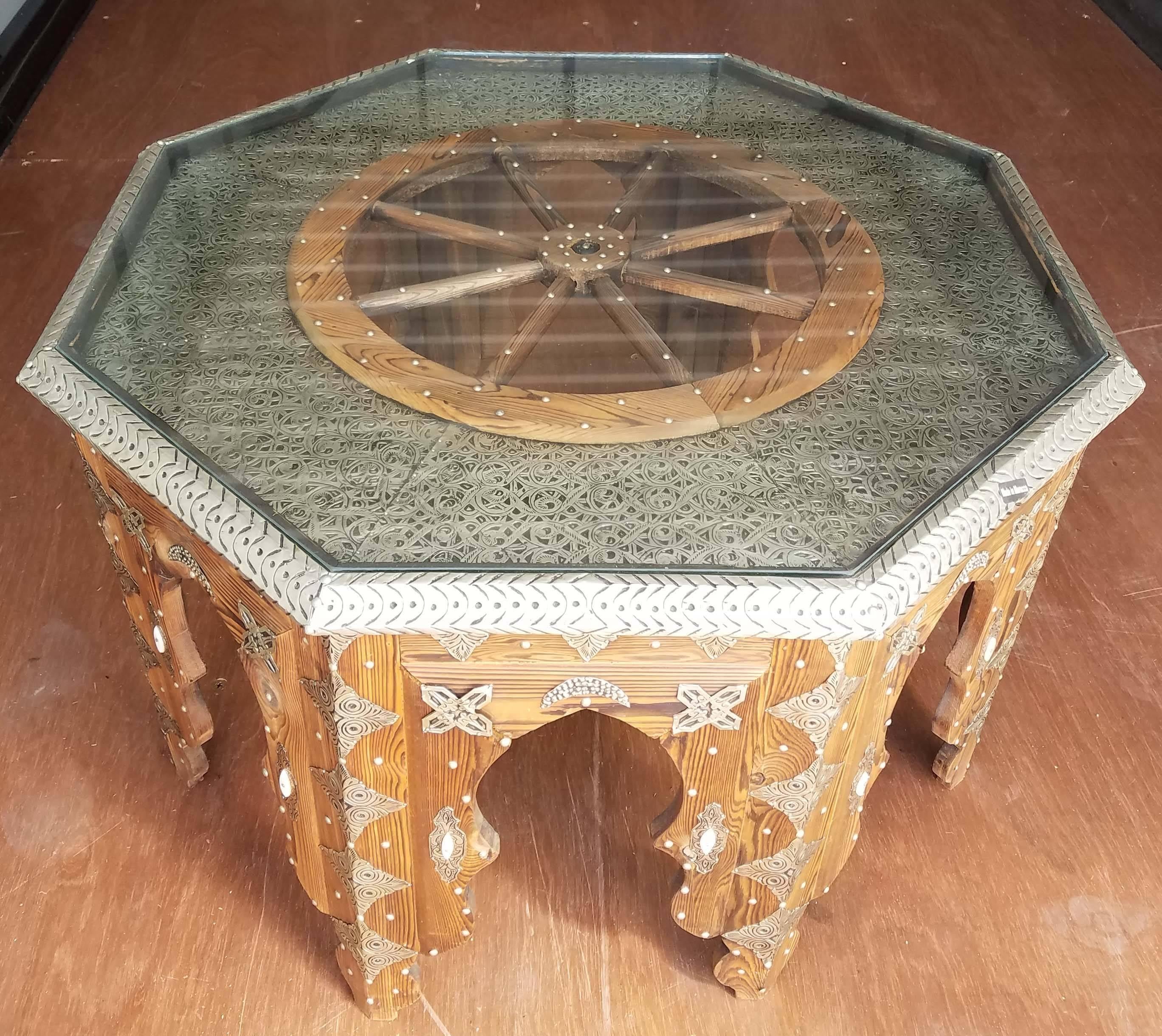 Moroccan Metal Inlaid Coffee Table, Ship's Wheel 2
