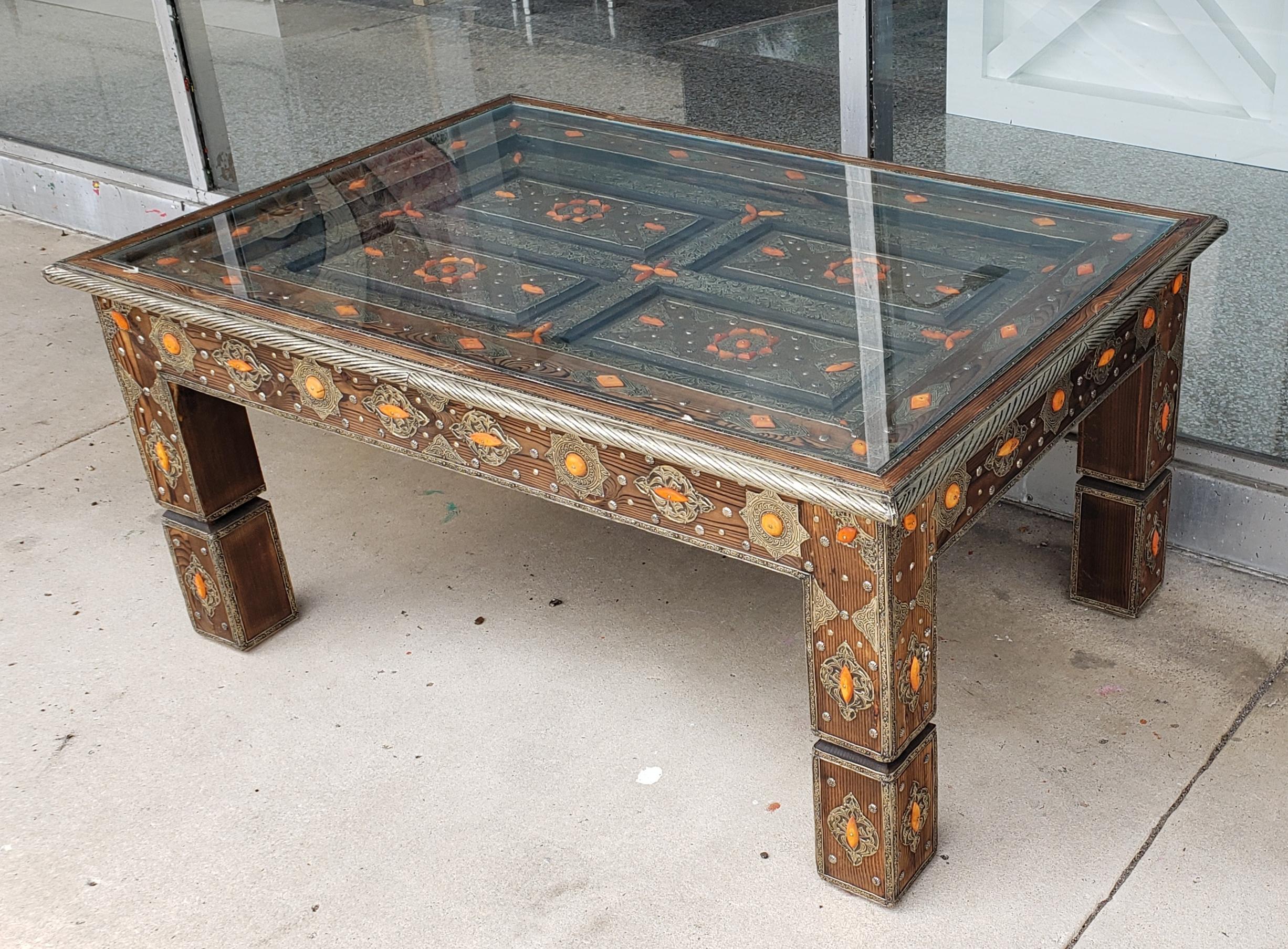 Moroccan Metal Inlaid Coffee Table, Orange Camel Bone In Excellent Condition In Orlando, FL