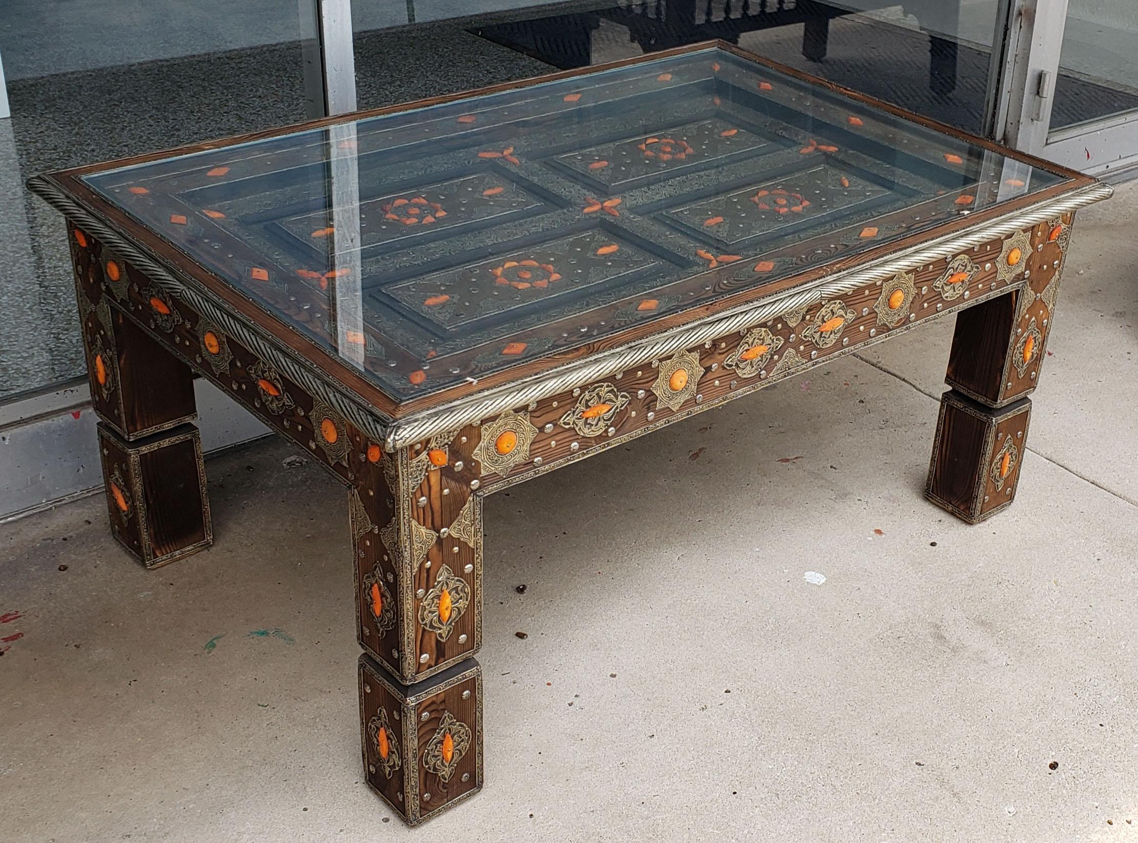 Contemporary Moroccan Metal Inlaid Coffee Table, Orange Camel Bone