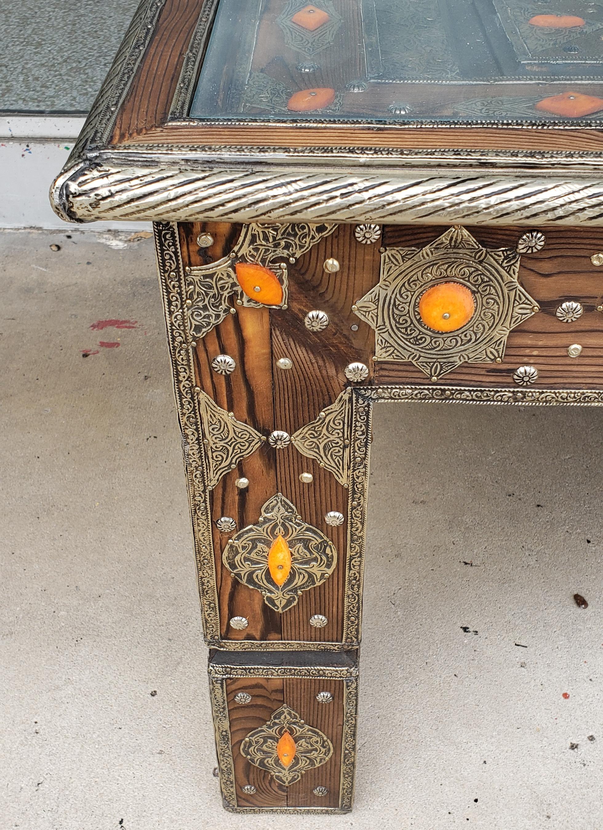 Moroccan Metal Inlaid Coffee Table, Orange Camel Bone 2
