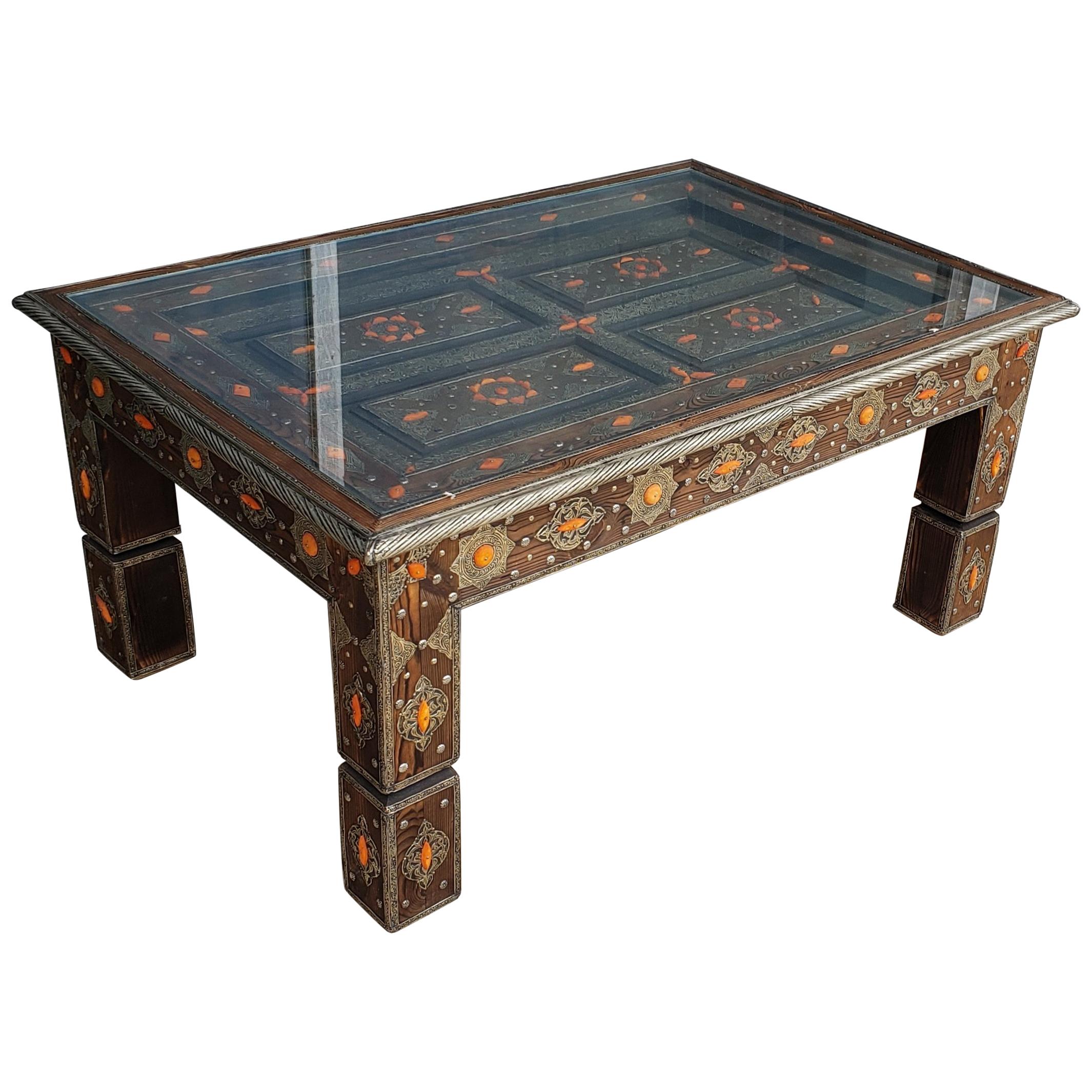 Moroccan Metal Inlaid Coffee Table, Orange Camel Bone