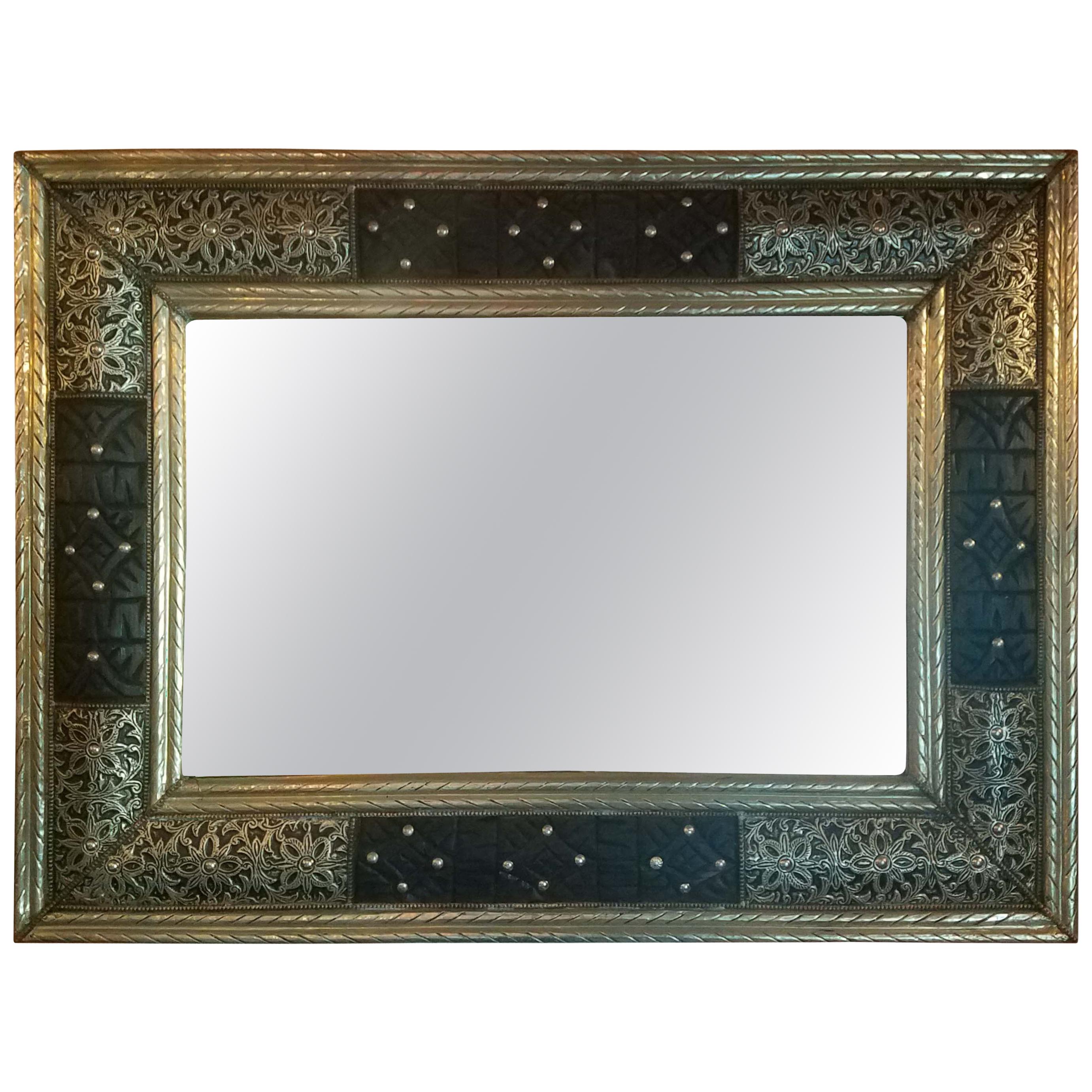 Moroccan Metal Inlaid Mirror, Rectangular For Sale