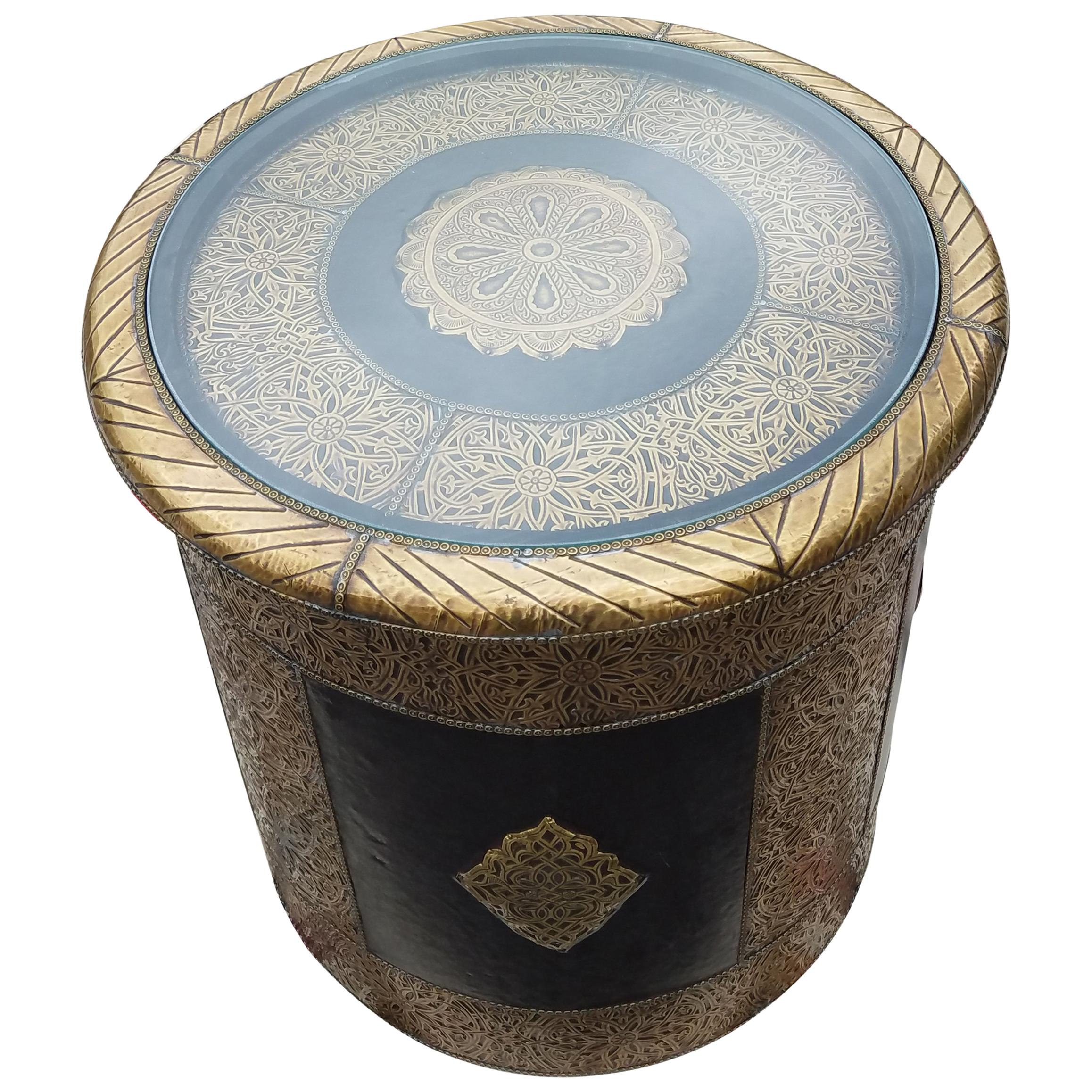 Moroccan Metal Inlay End Table, Cylindrical Shape For Sale