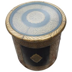 Moroccan Metal Inlay End Table, Cylindrical Shape
