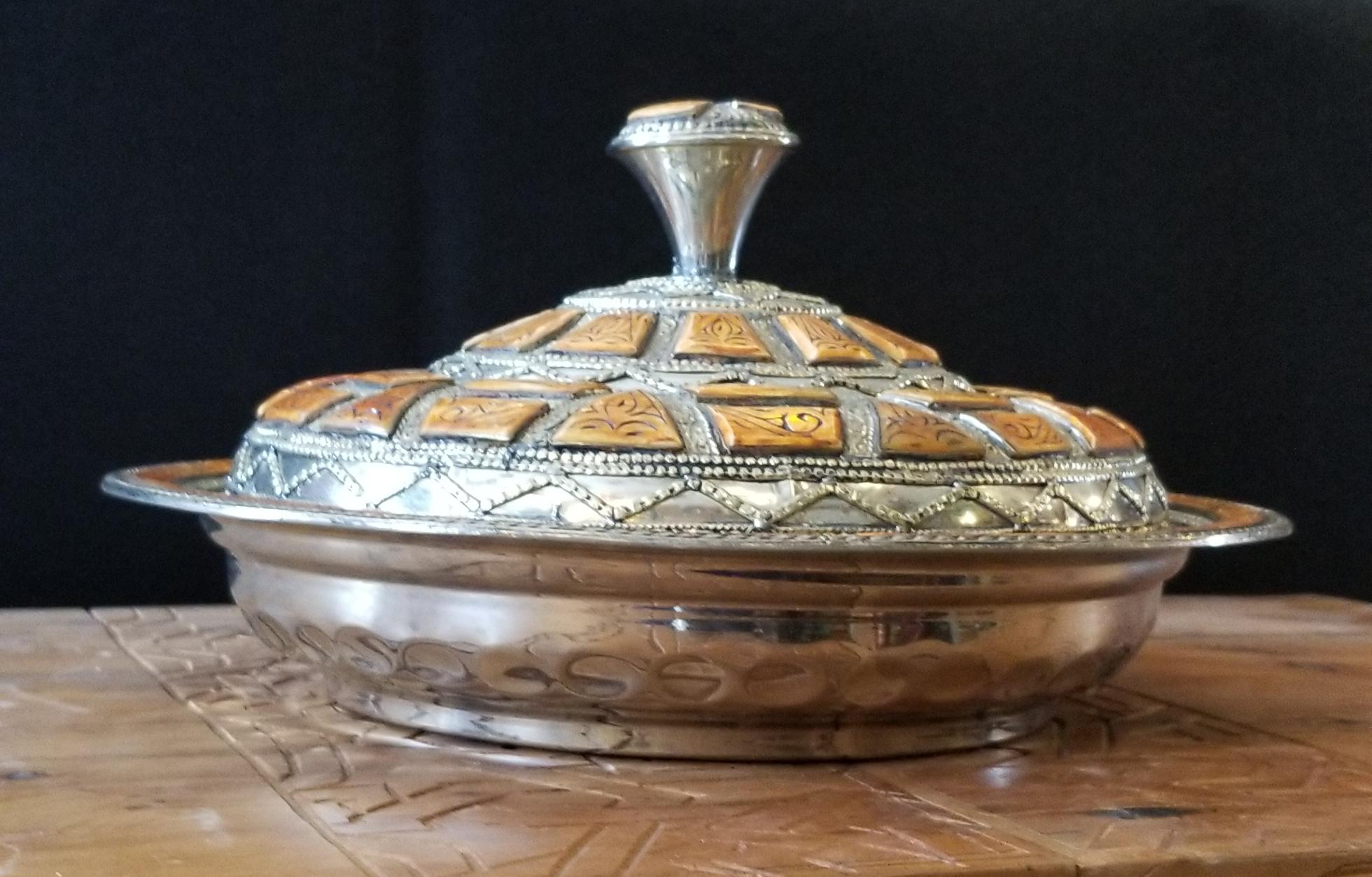 Moroccan Metal Tagine, Camel Bone Inlay In New Condition For Sale In Orlando, FL
